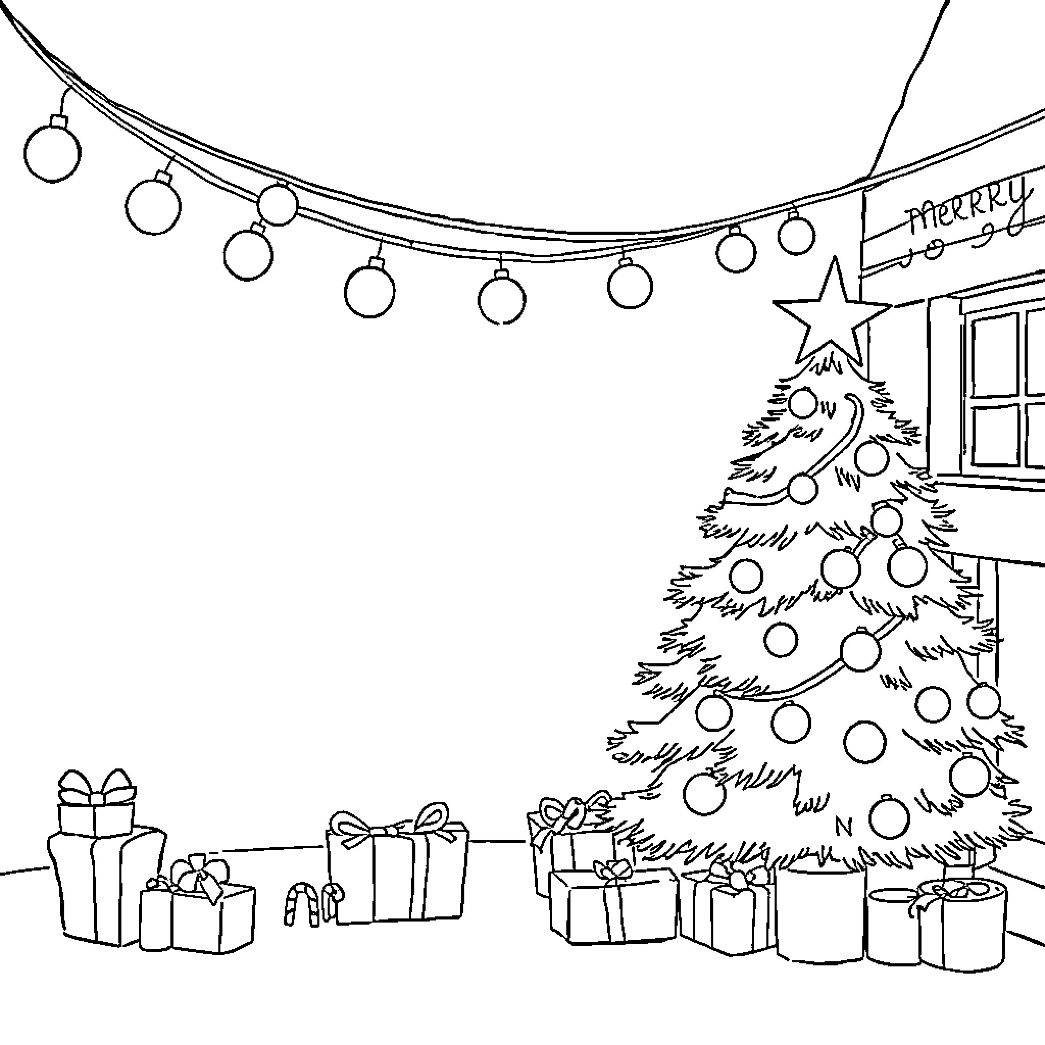 Christmas scene with decorated tree and presents Coloring Page (free black-and-white line drawing printable PDF for all, from beginners to advanced learners, including children, teens, adults, and seniors)