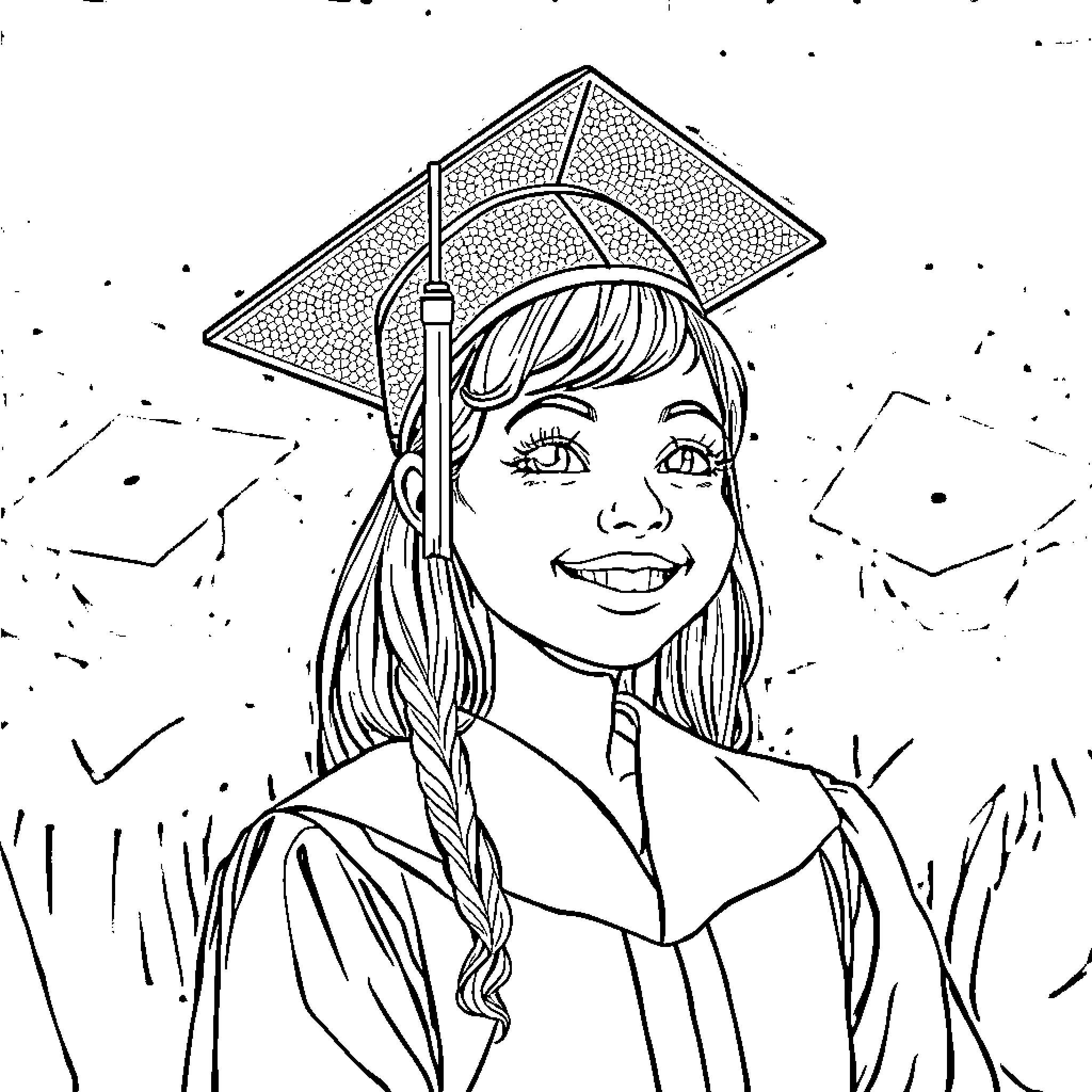 Girl in graduation gown and cap smiling Coloring Page (free black-and-white line drawing printable PDF for all, from beginners to advanced learners, including children, teens, adults, and seniors)