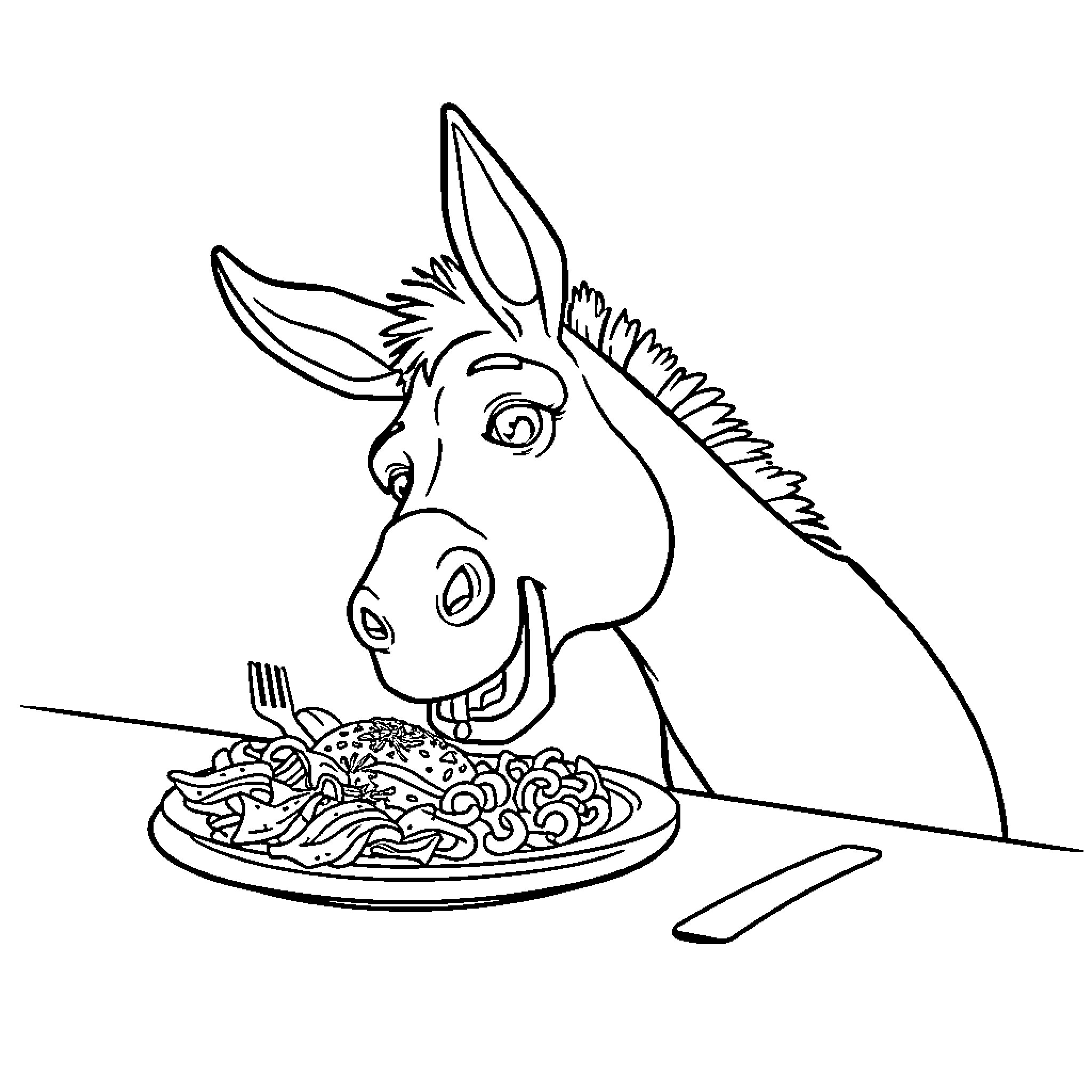 Donkey enjoying a hearty meal Coloring Page (free black-and-white line drawing printable PDF for all, from beginners to advanced learners, including children, teens, adults, and seniors)