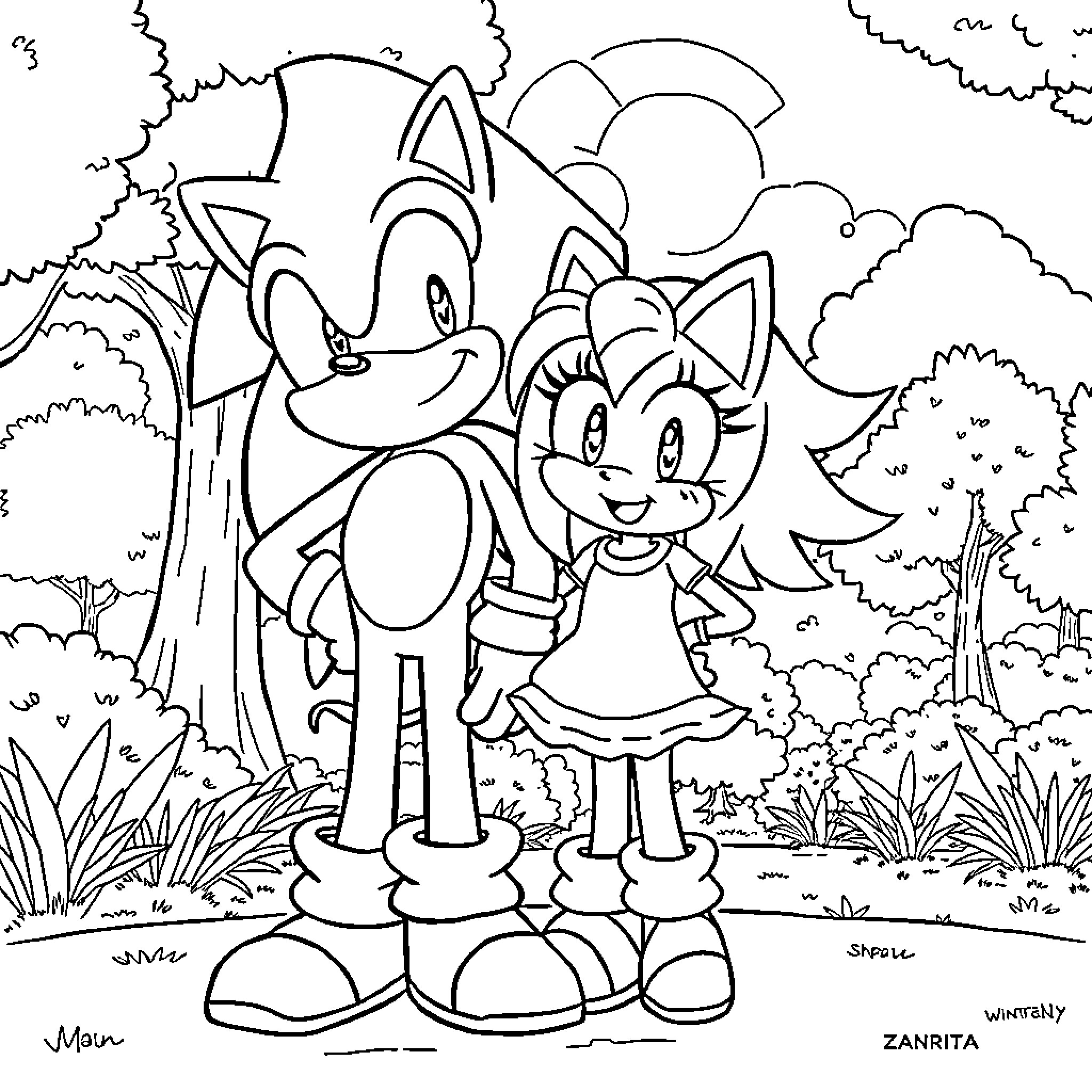 Sonic and Amy enjoying a playful moment in nature Coloring Page (free black-and-white line drawing printable PDF for all, from beginners to advanced learners, including children, teens, adults, and seniors)