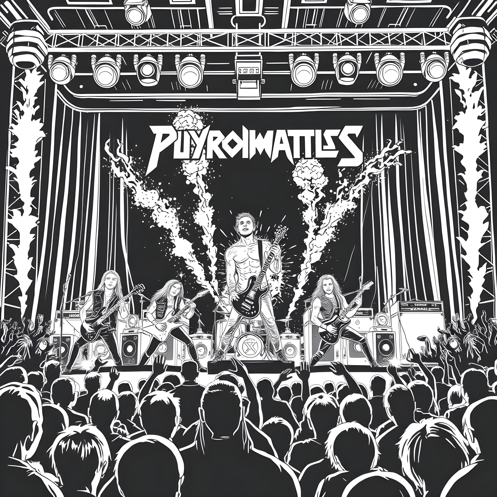 Male Band Performing on Stage with Dramatic Lighting Coloring Page (free black-and-white line drawing printable PDF for all, from beginners to advanced learners, including children, teens, adults, and seniors)