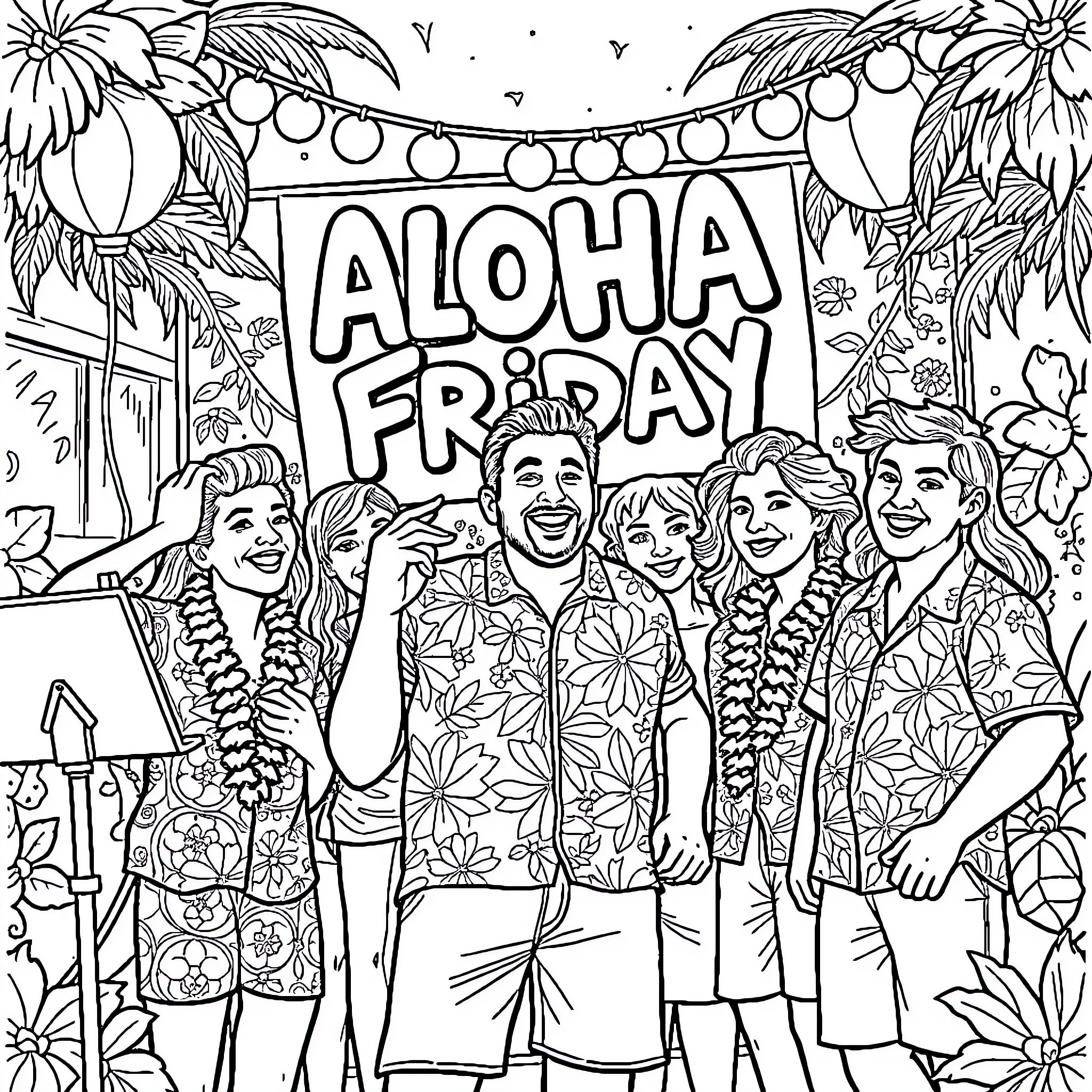 Aloha Friday Celebrations with Friends Coloring Page (free black-and-white line drawing printable PDF for all, from beginners to advanced learners, including children, teens, adults, and seniors)