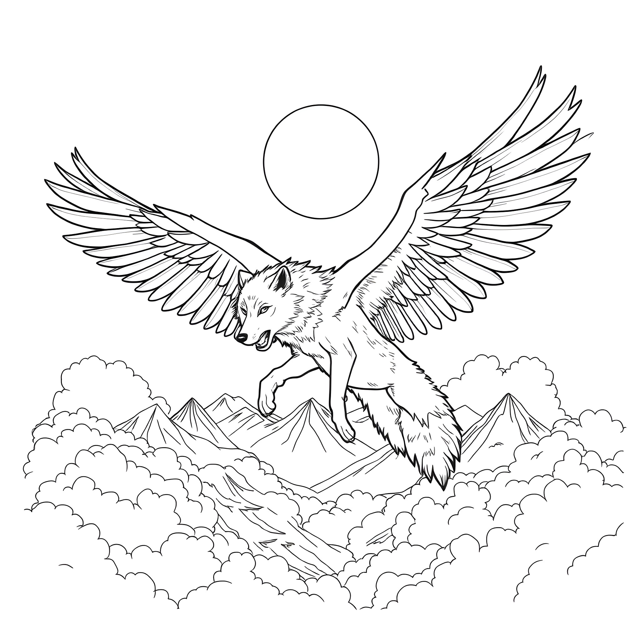 Flying Wolf Soaring Through Cloudy Skies Coloring Page (free black-and-white line drawing printable PDF for all, from beginners to advanced learners, including children, teens, adults, and seniors)