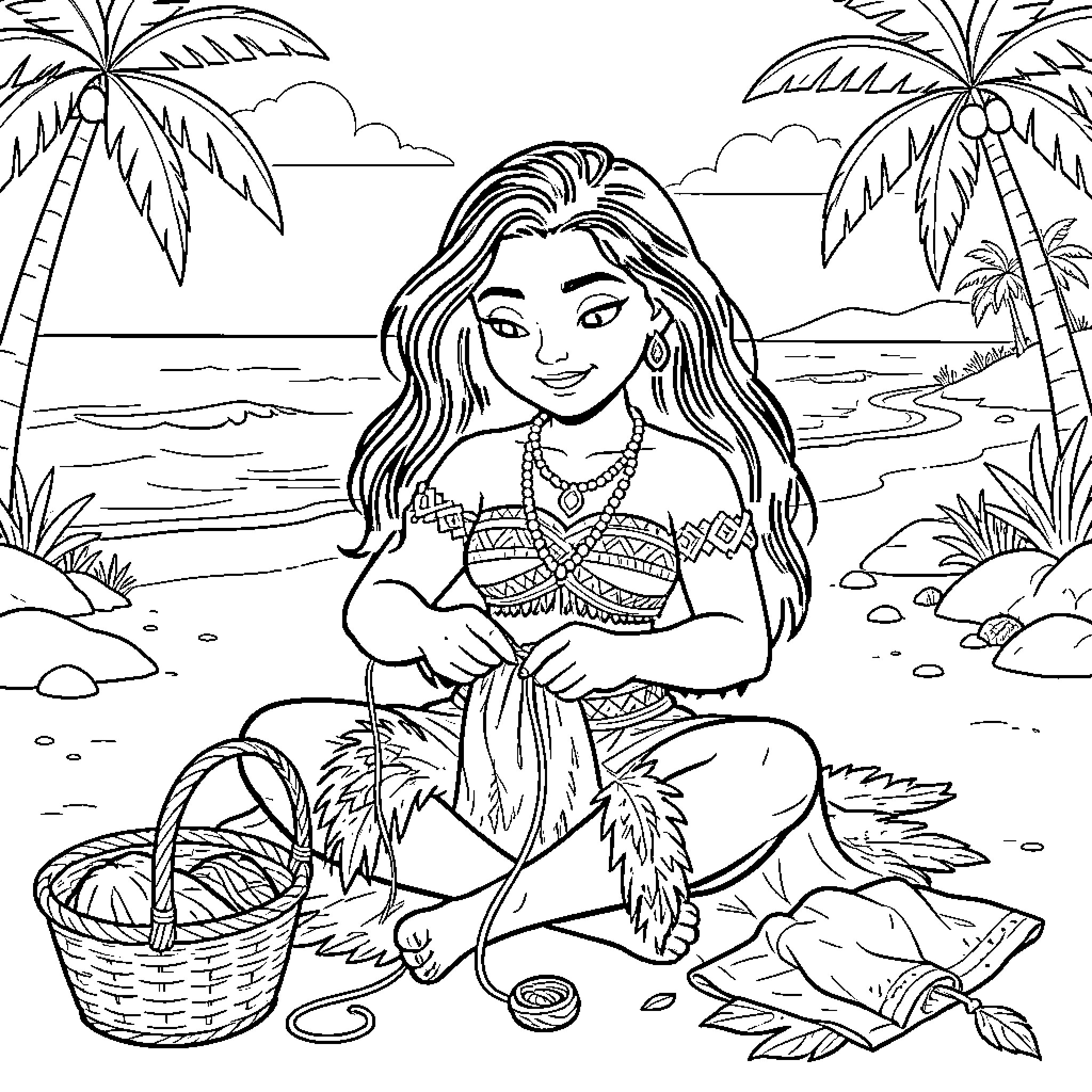 Moana sitting on a beach weaving a basket Coloring Page (free black-and-white line drawing printable PDF for all, from beginners to advanced learners, including children, teens, adults, and seniors)