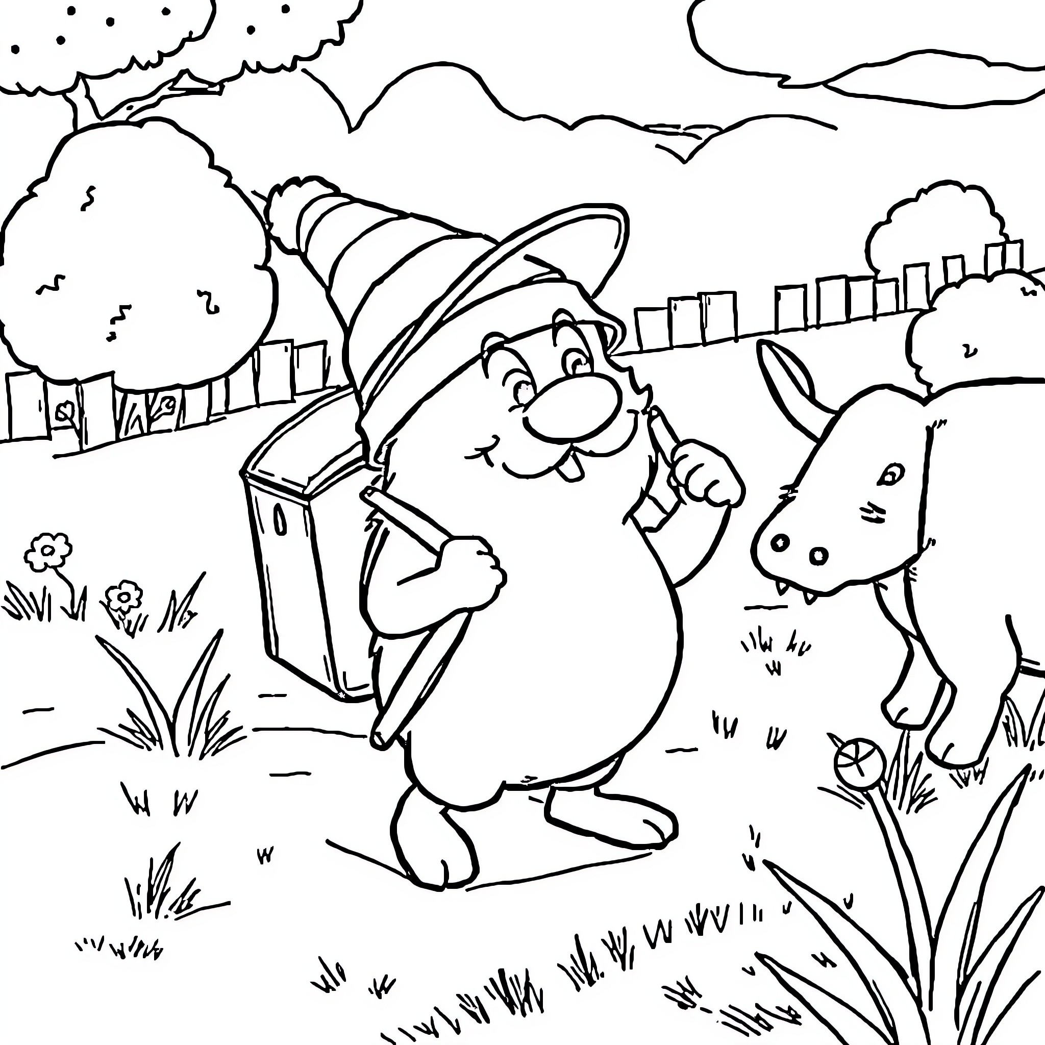 Bob l'éponge exploring the park with his friend Coloring Page (free black-and-white line drawing printable PDF for all, from beginners to advanced learners, including children, teens, adults, and seniors)