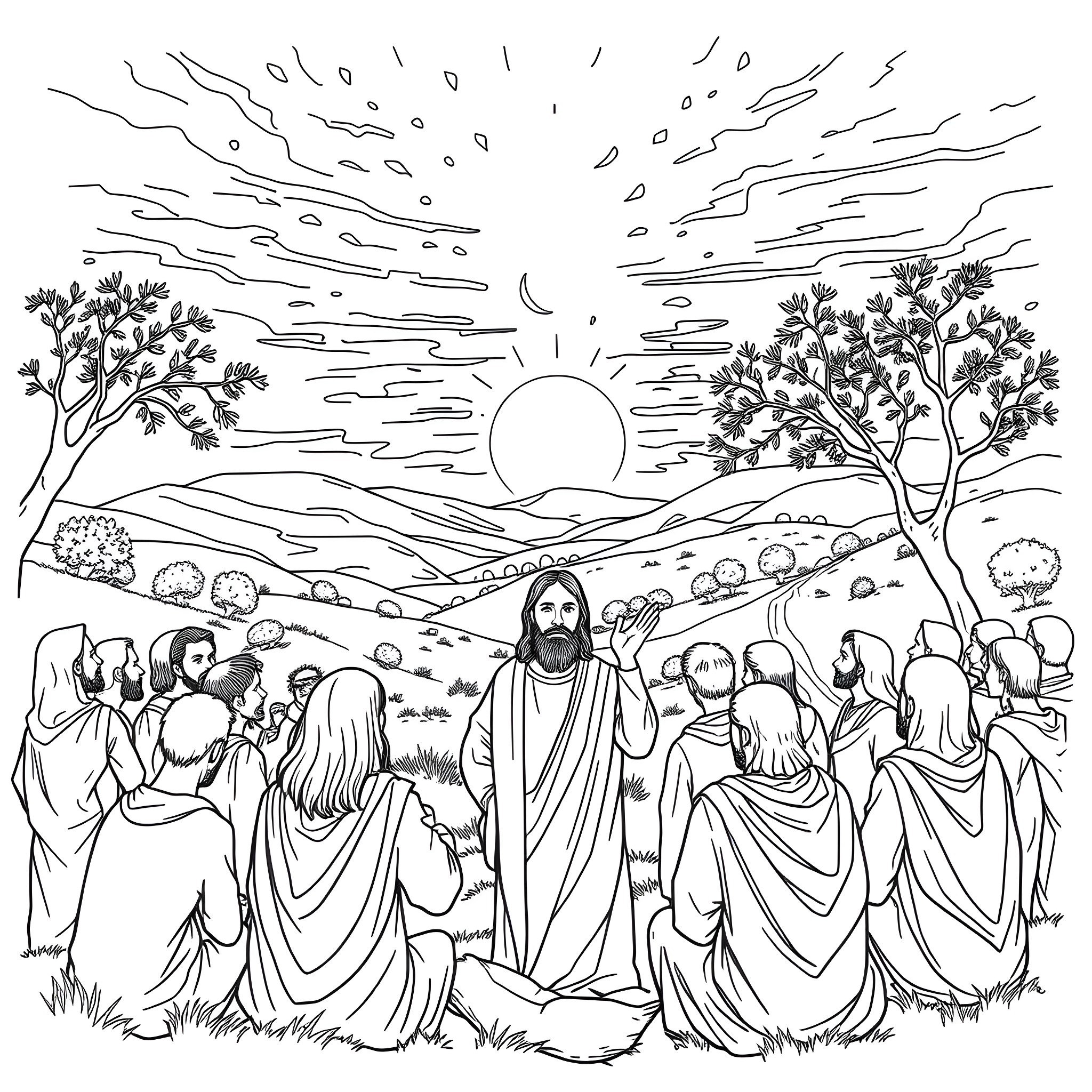 Jesus preaching to a crowd in a serene landscape Coloring Page (free black-and-white line drawing printable PDF for all, from beginners to advanced learners, including children, teens, adults, and seniors)
