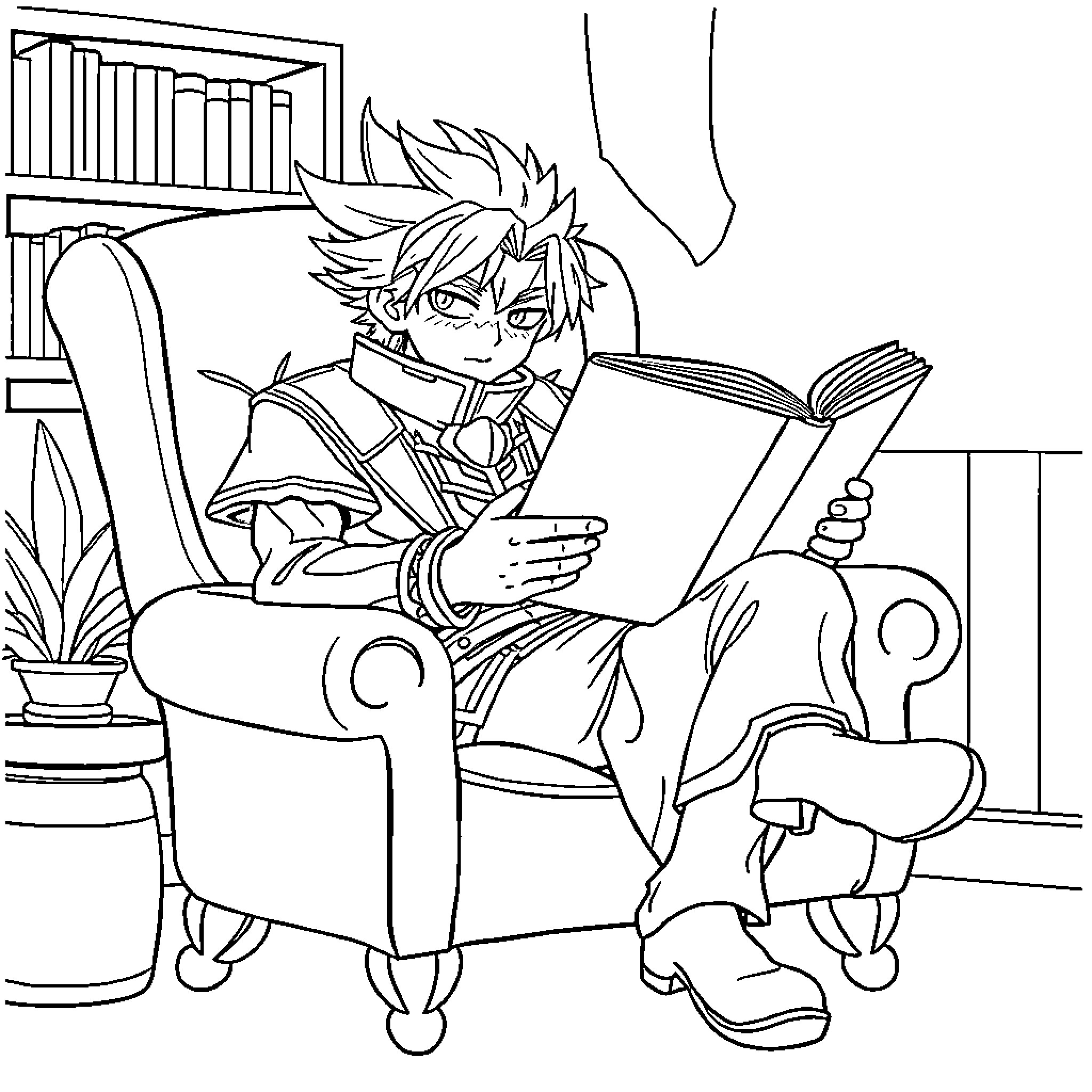 Pantalone reading a book in his study Coloring Page (free black-and-white line drawing printable PDF for all, from beginners to advanced learners, including children, teens, adults, and seniors)