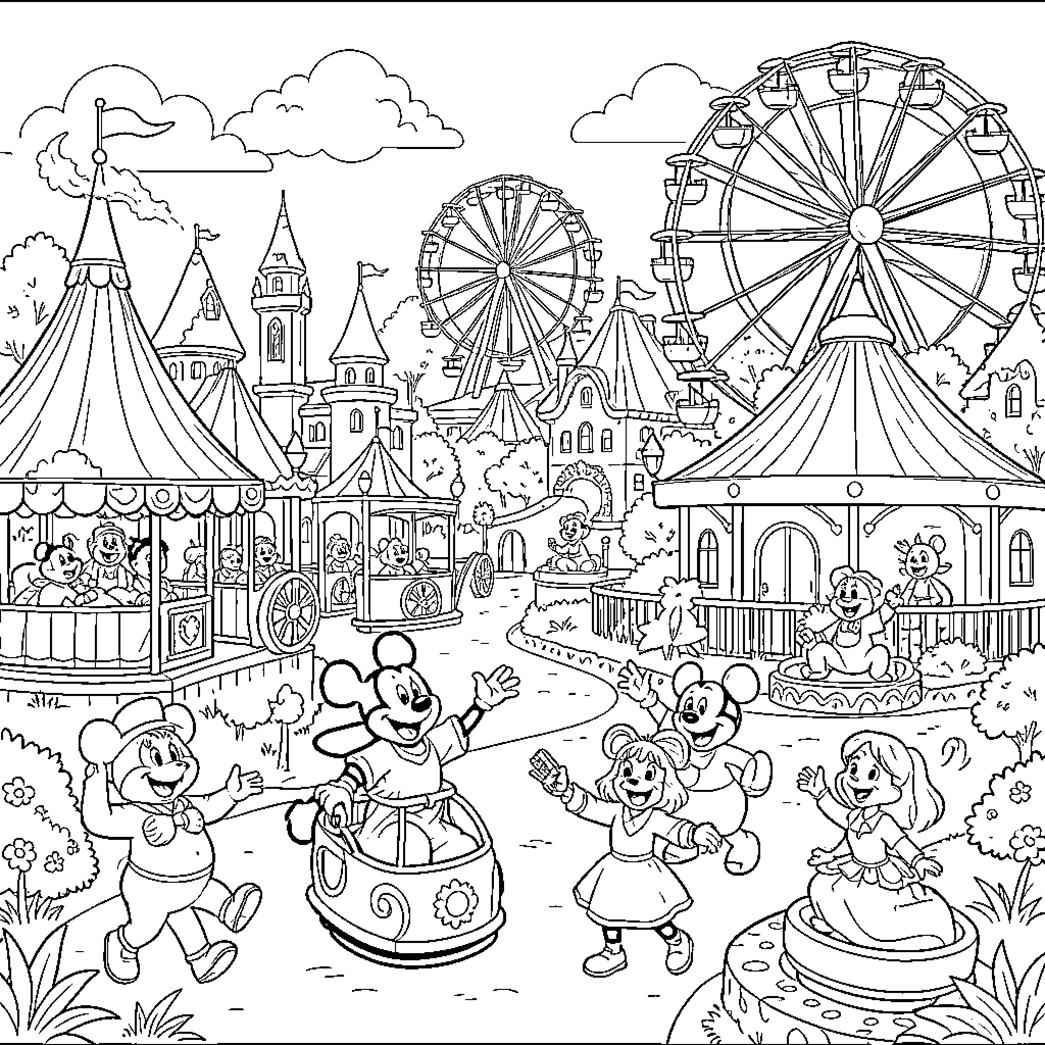 Disney characters enjoying various rides at an amusement park Coloring Page (free black-and-white line drawing printable PDF for all, from beginners to advanced learners, including children, teens, adults, and seniors)