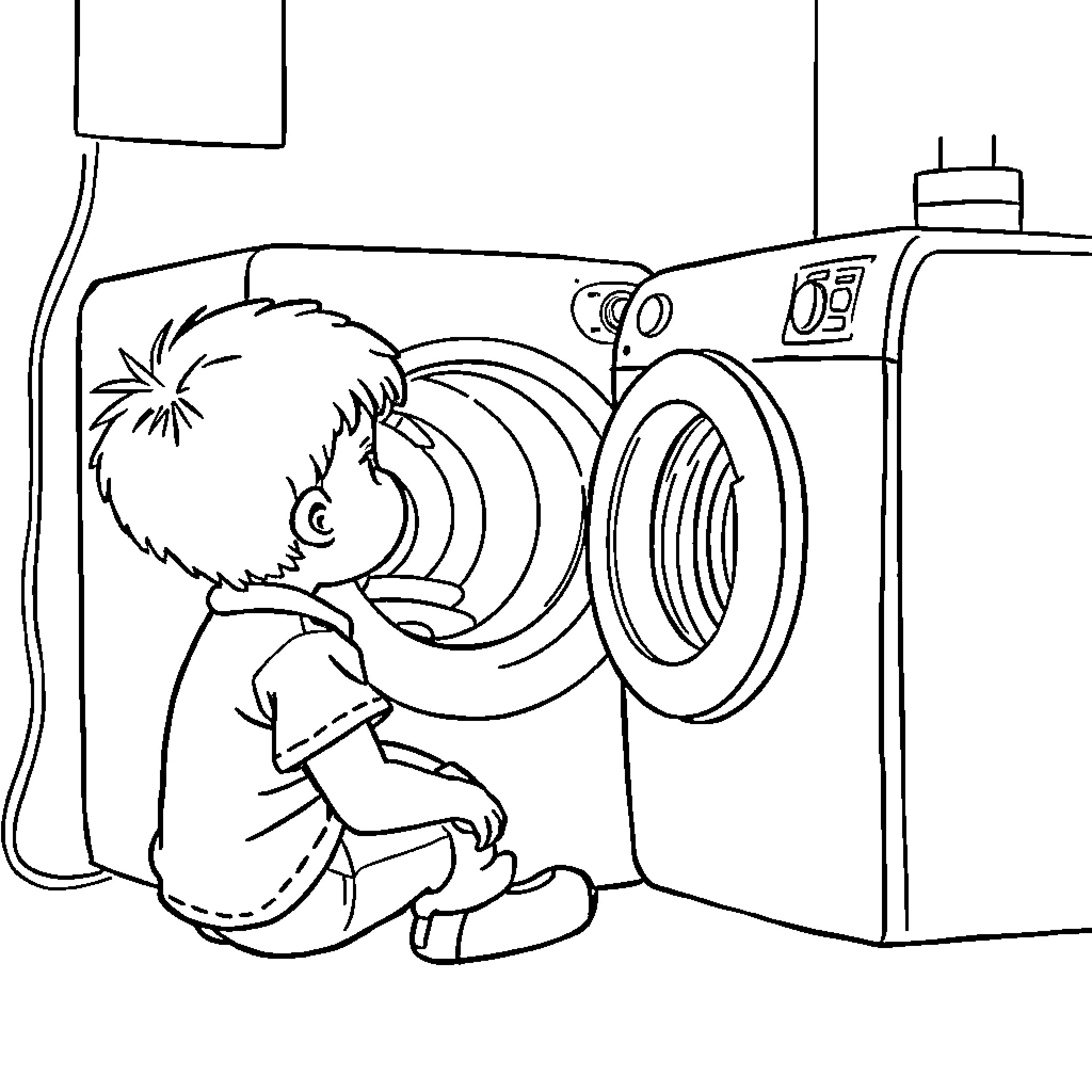 Child helping with laundry in the home Coloring Page (free black-and-white line drawing printable PDF for all, from beginners to advanced learners, including children, teens, adults, and seniors)