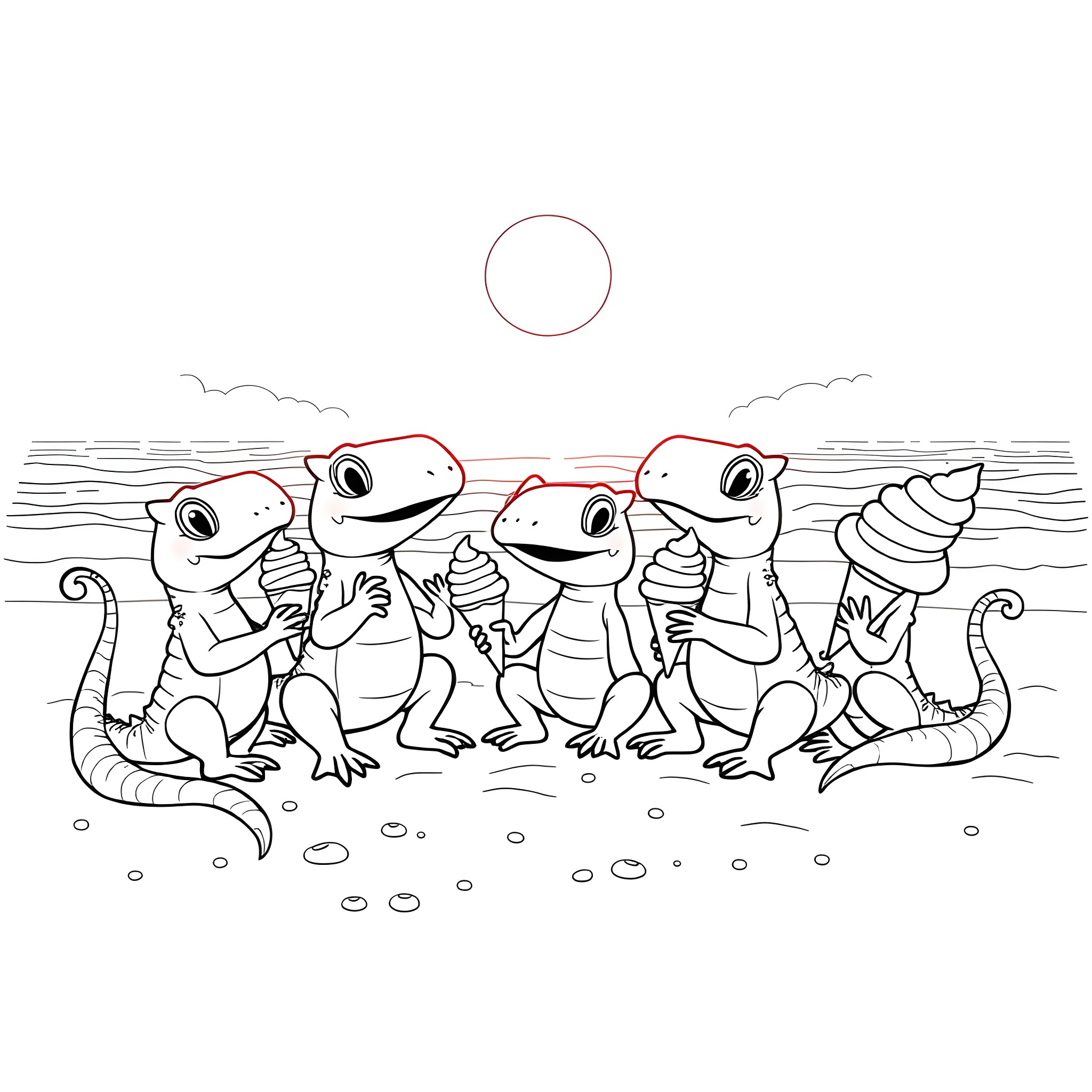 Chalamander friends enjoying a sunny day at the beach Coloring Page (free black-and-white line drawing printable PDF for all, from beginners to advanced learners, including children, teens, adults, and seniors)