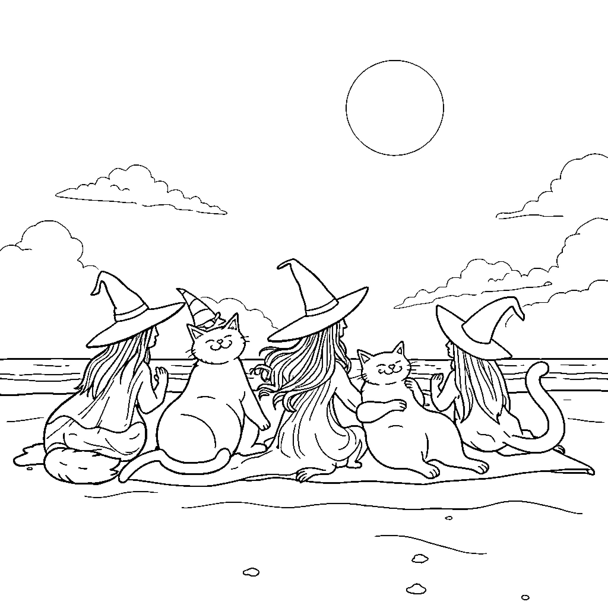 Cat witches enjoying a sunny day by the sea Coloring Page (free black-and-white line drawing printable PDF for all, from beginners to advanced learners, including children, teens, adults, and seniors)
