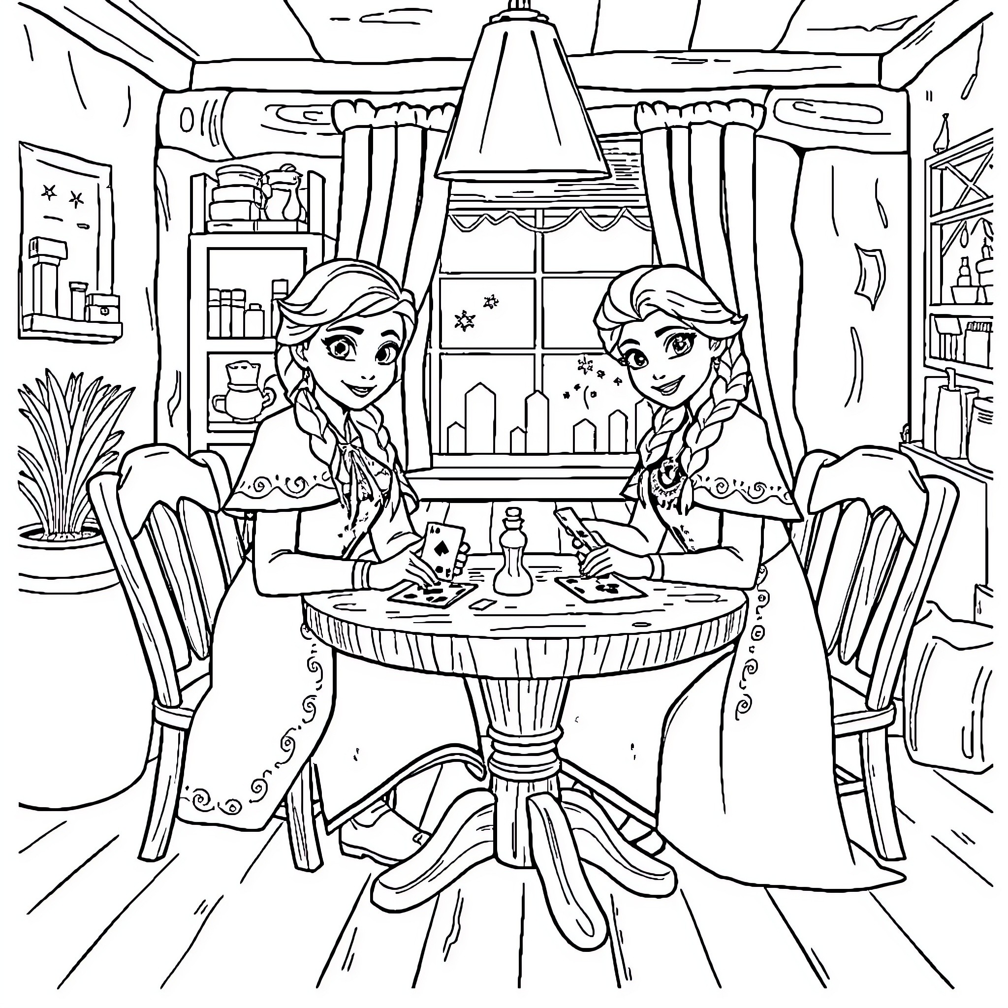 Anna and Elsa enjoying tea time together Coloring Page (free black-and-white line drawing printable PDF for all, from beginners to advanced learners, including children, teens, adults, and seniors)