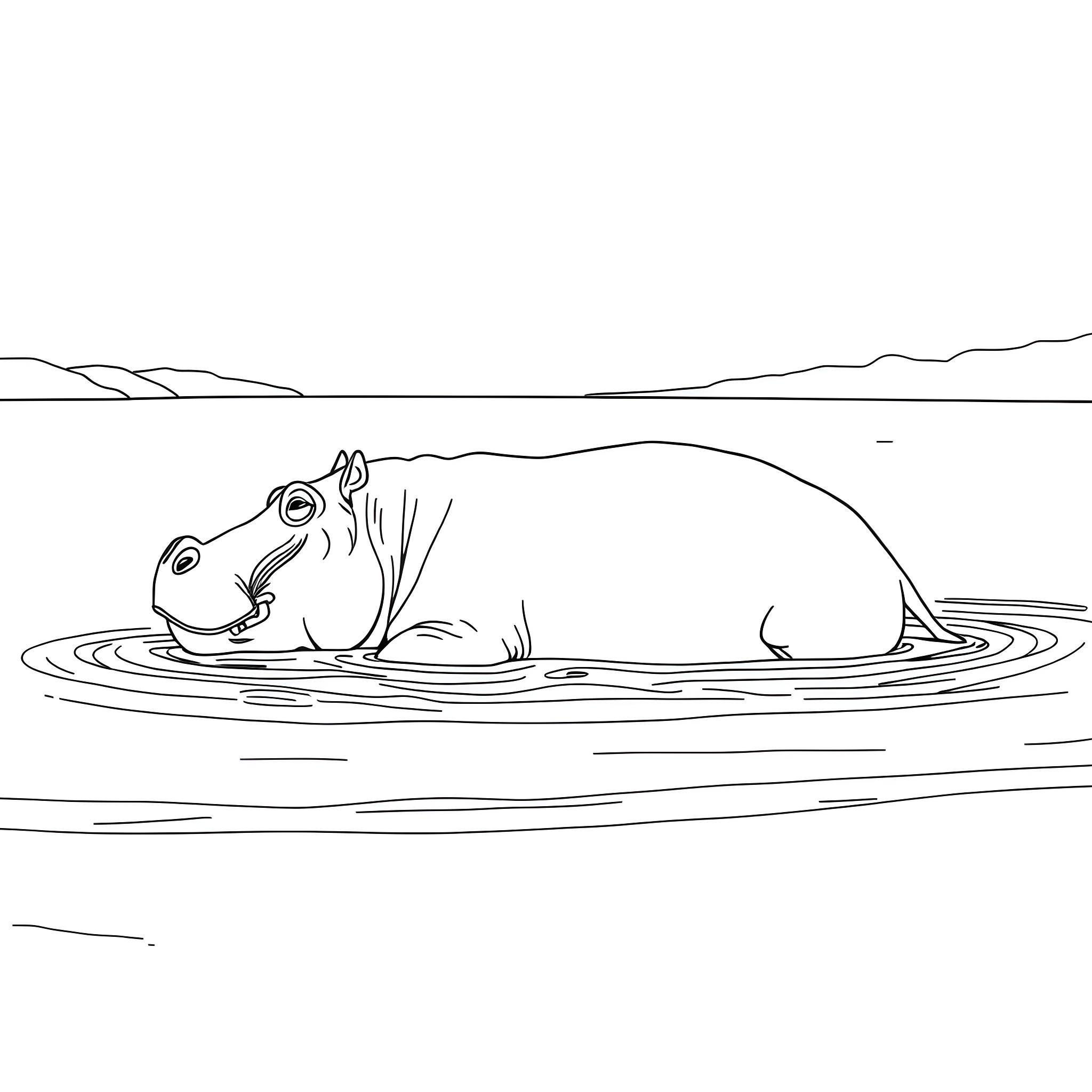 Hippopotamus relaxing in the water Coloring Page (free black-and-white line drawing printable PDF for all, from beginners to advanced learners, including children, teens, adults, and seniors)