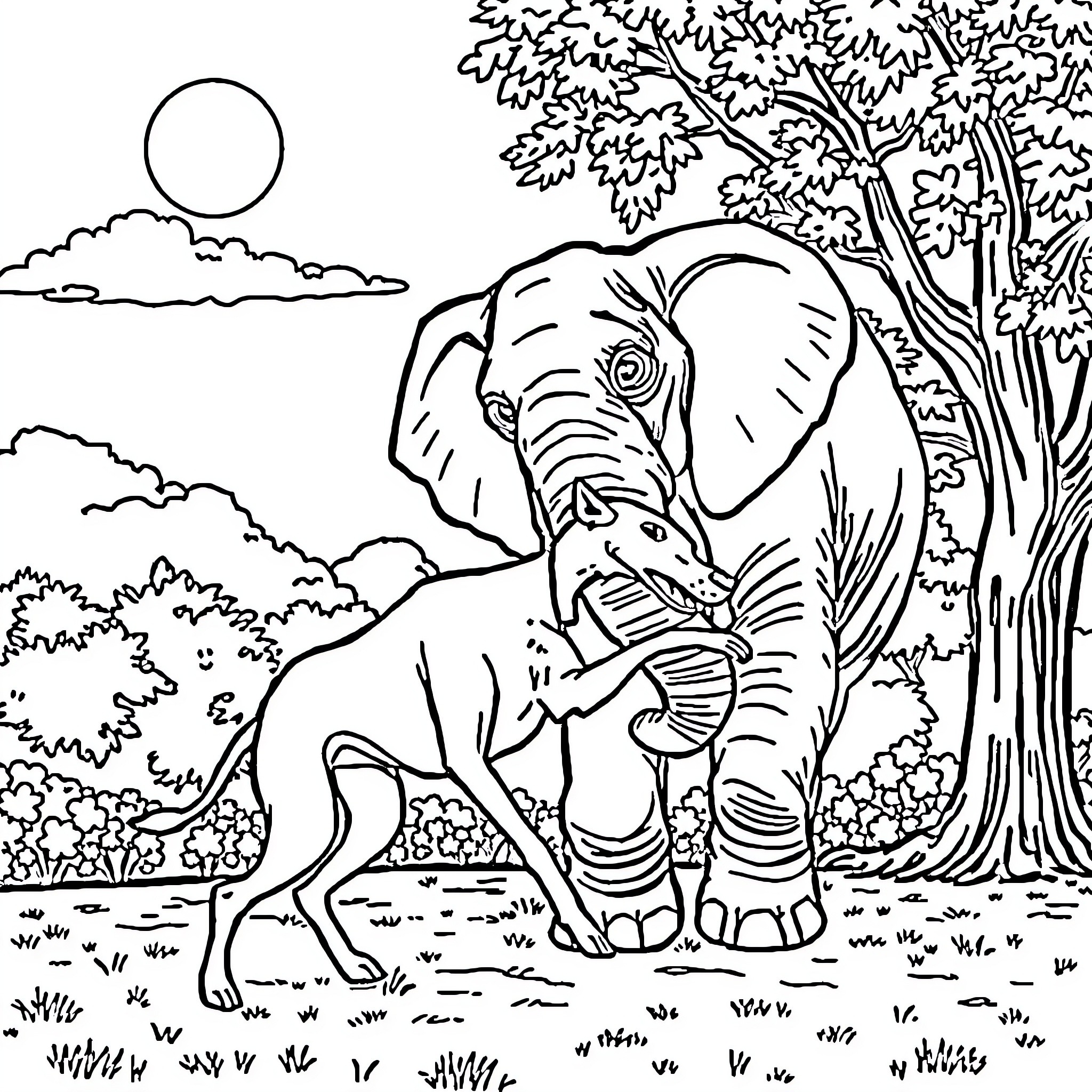 Elephant resting peacefully in the forest Coloring Page (free black-and-white line drawing printable PDF for all, from beginners to advanced learners, including children, teens, adults, and seniors)