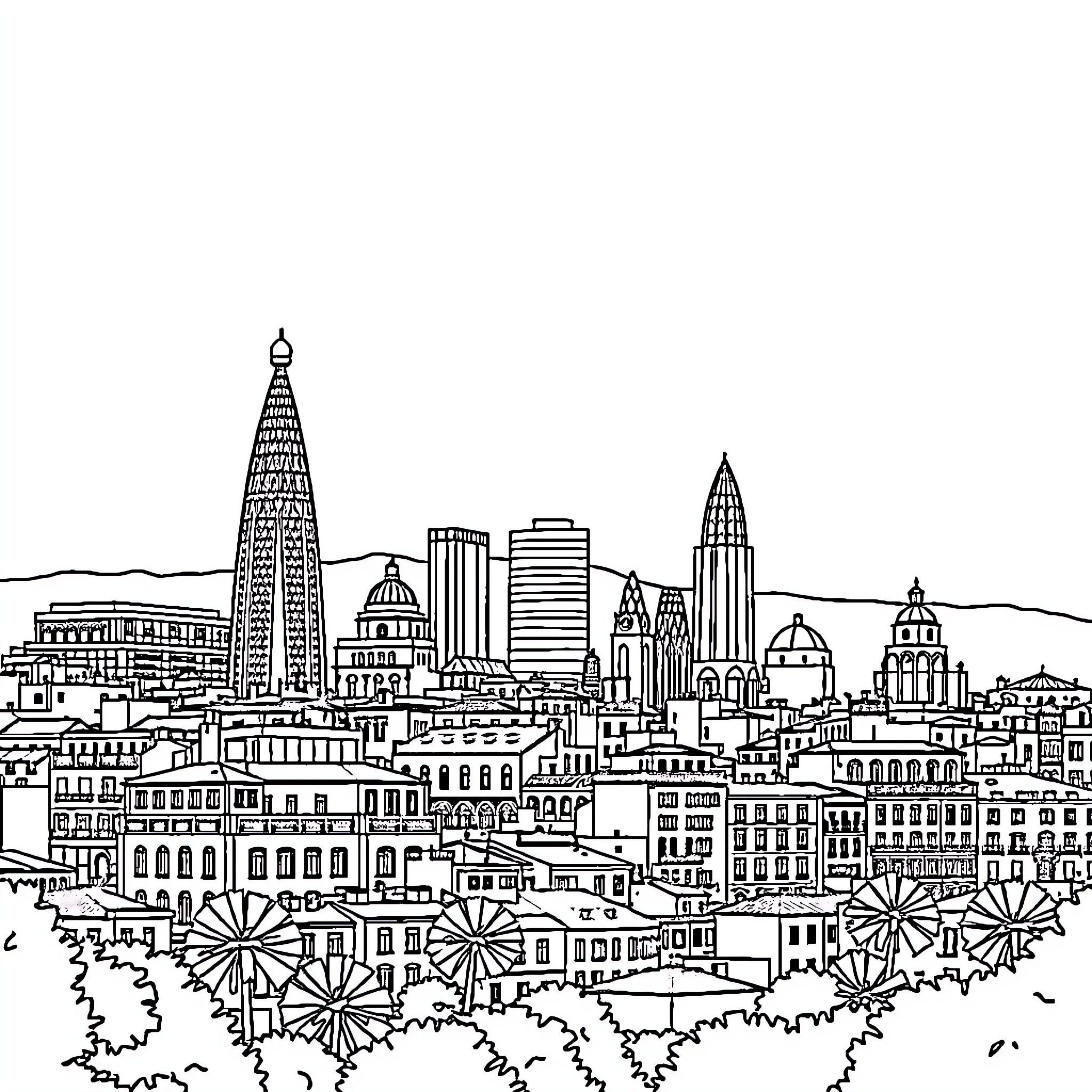Barcelona skyline with iconic architecture and attractions Coloring Page (free black-and-white line drawing printable PDF for all, from beginners to advanced learners, including children, teens, adults, and seniors)