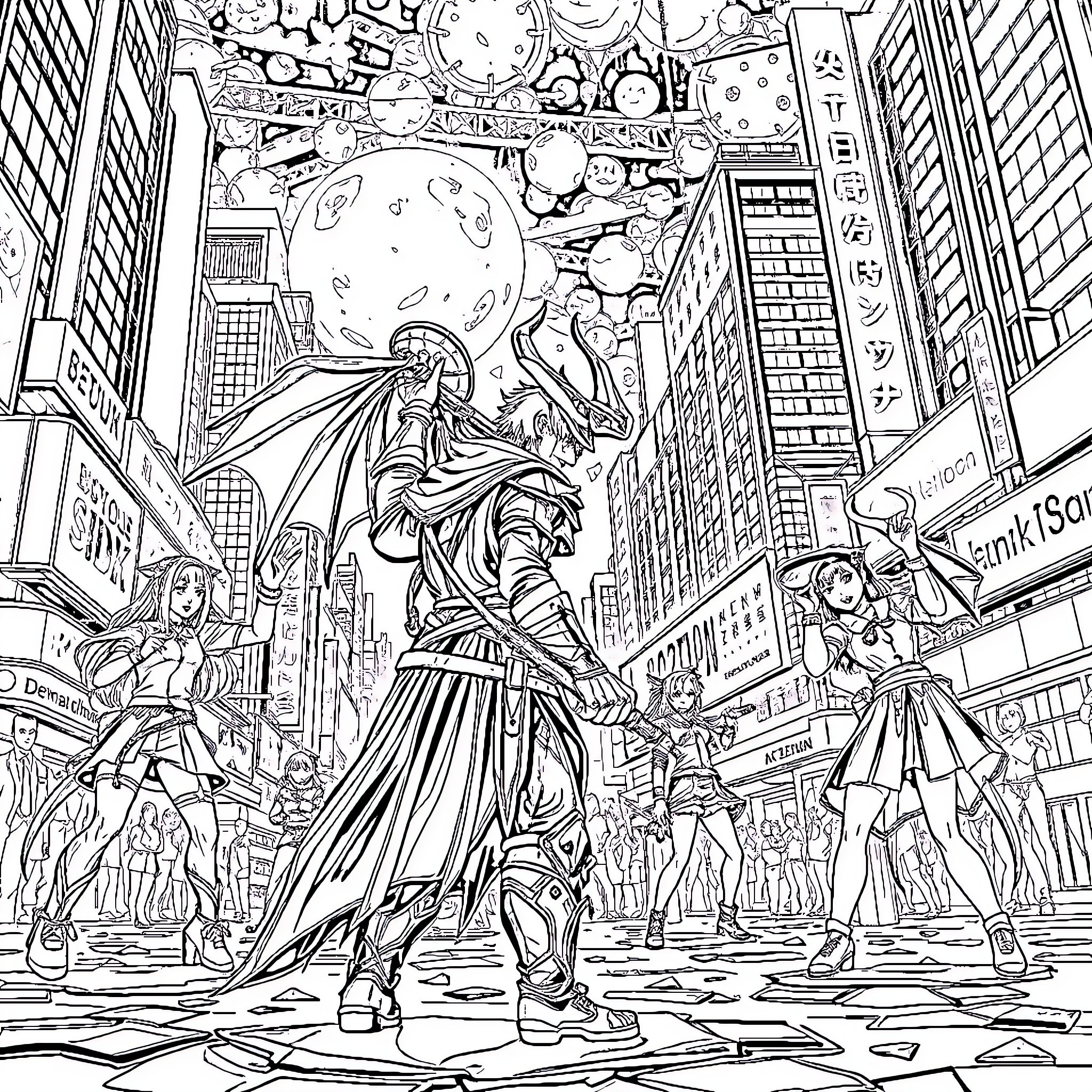 Demon Confronts a Chaotic City Scene Coloring Page (free black-and-white line drawing printable PDF for all, from beginners to advanced learners, including children, teens, adults, and seniors)