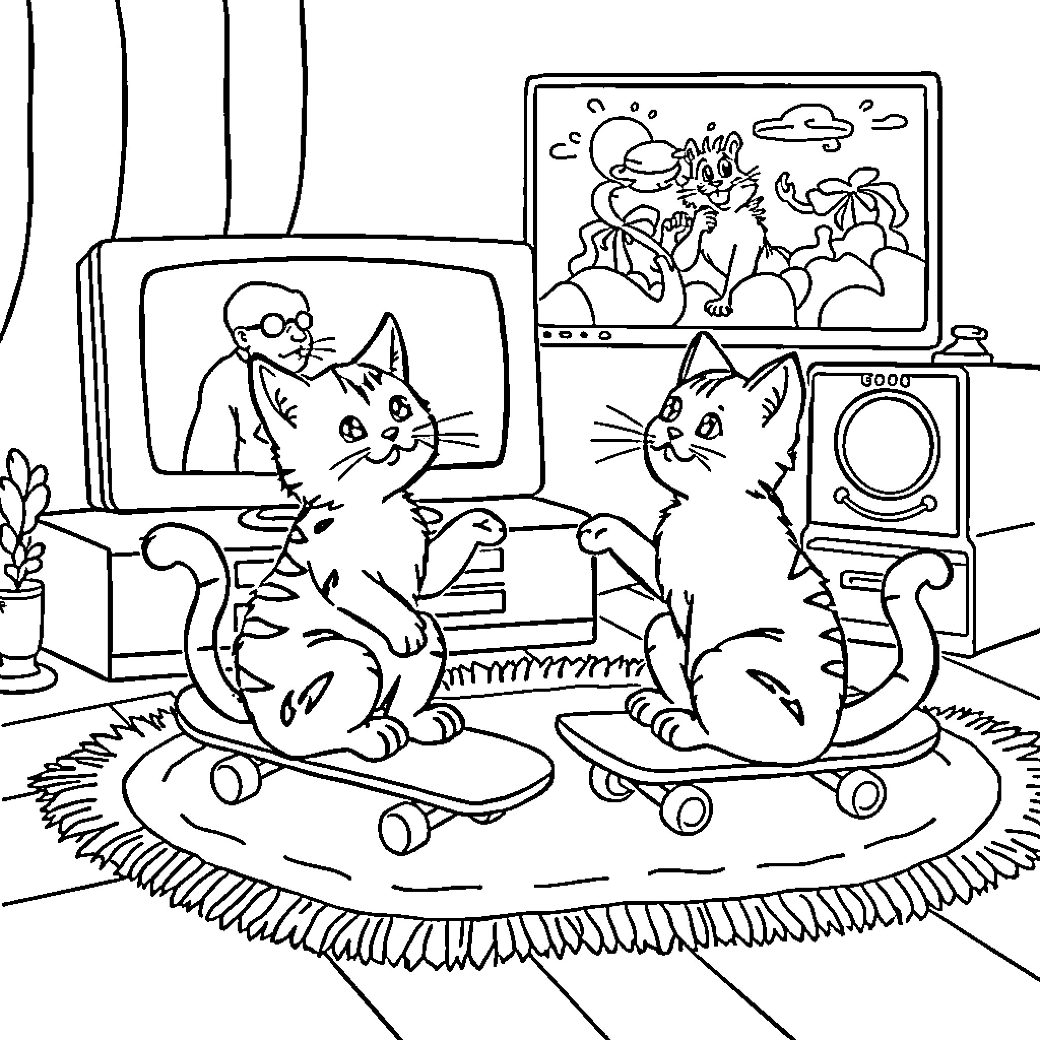 Cats watching cartoons on television Coloring Page (free black-and-white line drawing printable PDF for all, from beginners to advanced learners, including children, teens, adults, and seniors)