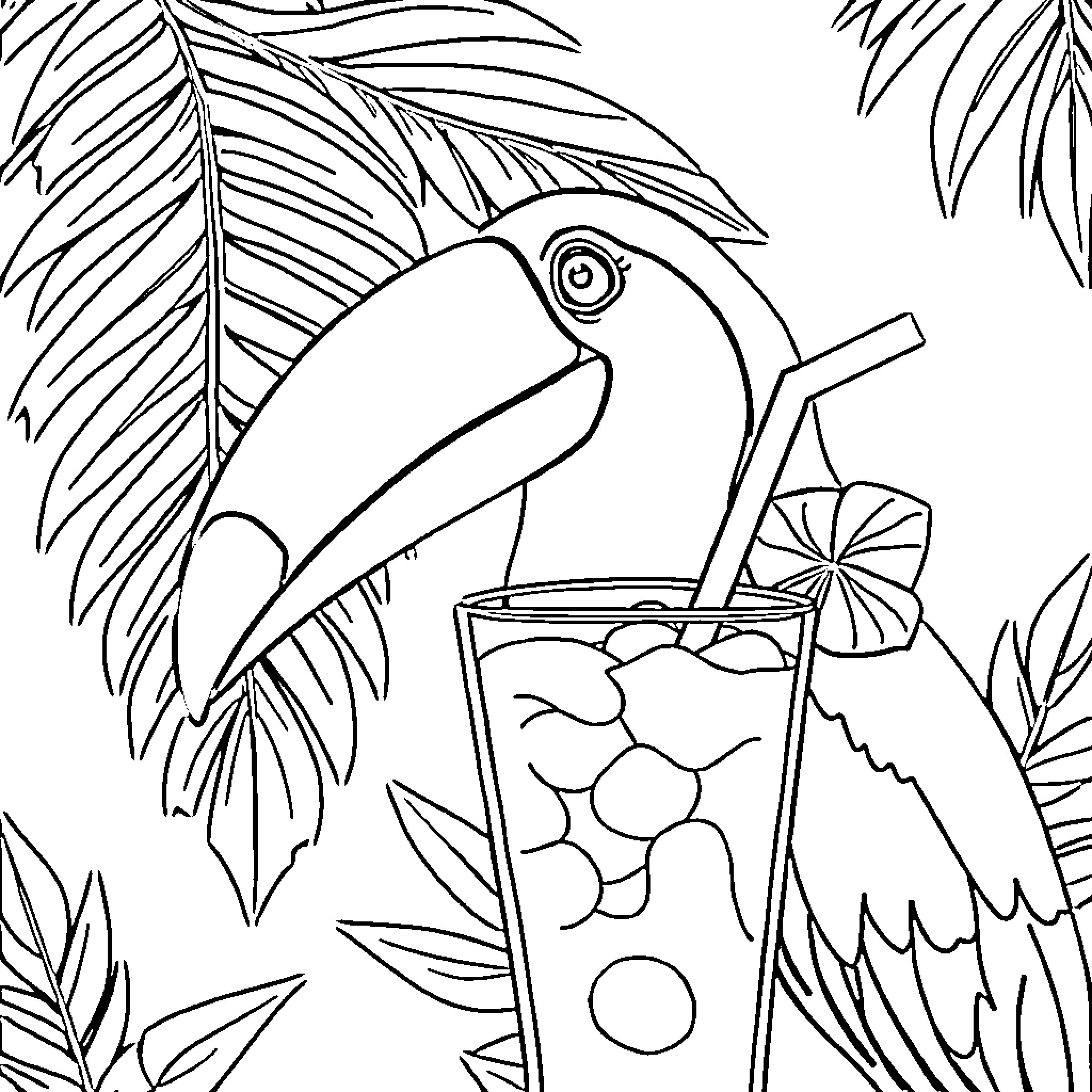 Tucán enjoying a refreshing tropical drink Coloring Page (free black-and-white line drawing printable PDF for all, from beginners to advanced learners, including children, teens, adults, and seniors)