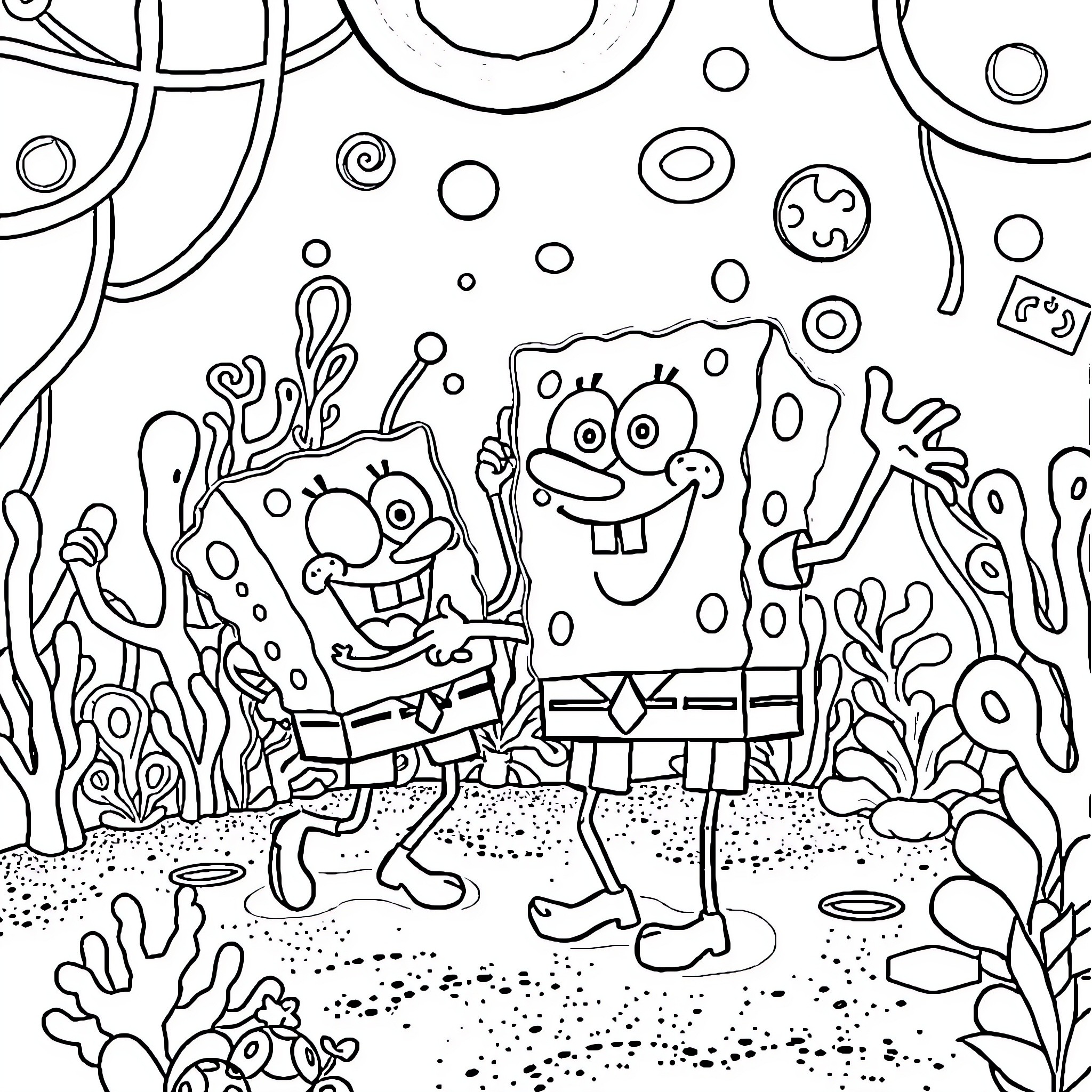 Spongebob and Patrick having fun underwater Coloring Page (free black-and-white line drawing printable PDF for all, from beginners to advanced learners, including children, teens, adults, and seniors)