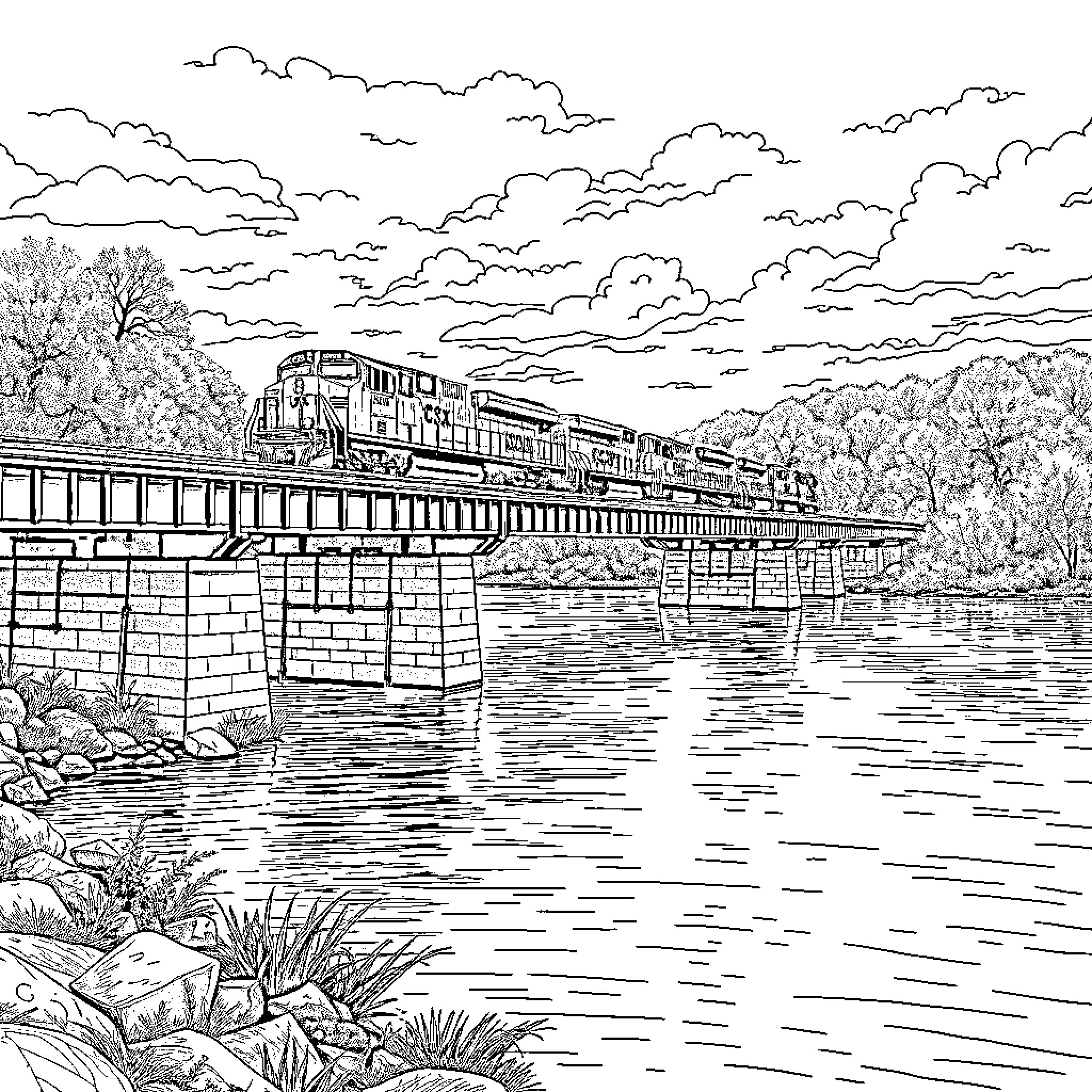 Train crossing a bridge over a river in a natural setting Coloring Page (free black-and-white line drawing printable PDF for all, from beginners to advanced learners, including children, teens, adults, and seniors)