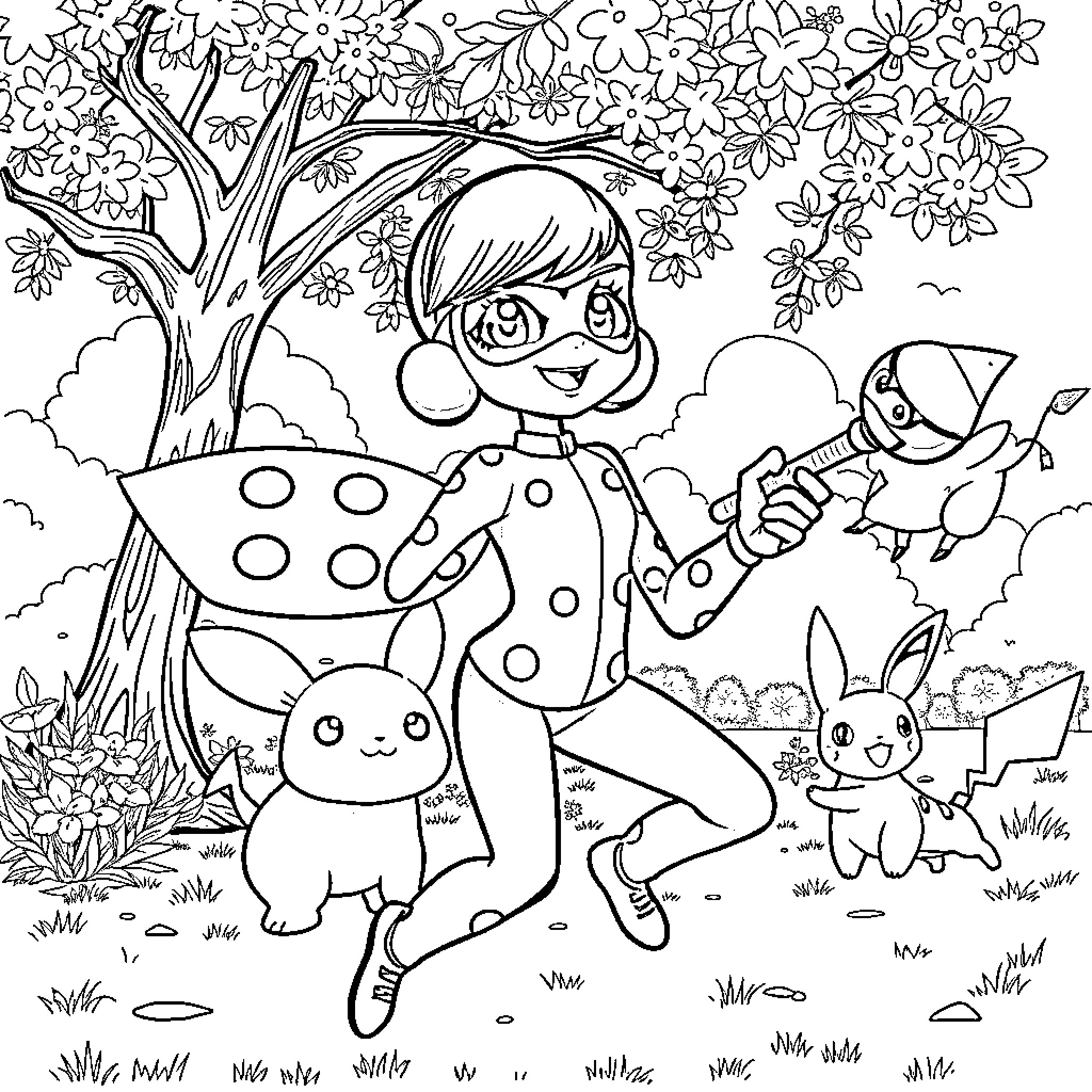 Miraculous Ladybug Enjoying Nature with Friends Coloring Page (free black-and-white line drawing printable PDF for all, from beginners to advanced learners, including children, teens, adults, and seniors)