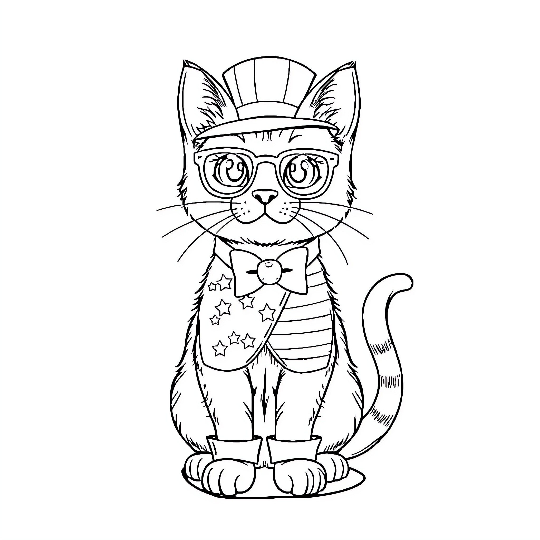 Cat in Patriotic Outfit and Glasses Coloring Page (free black-and-white line drawing printable PDF for all, from beginners to advanced learners, including children, teens, adults, and seniors)