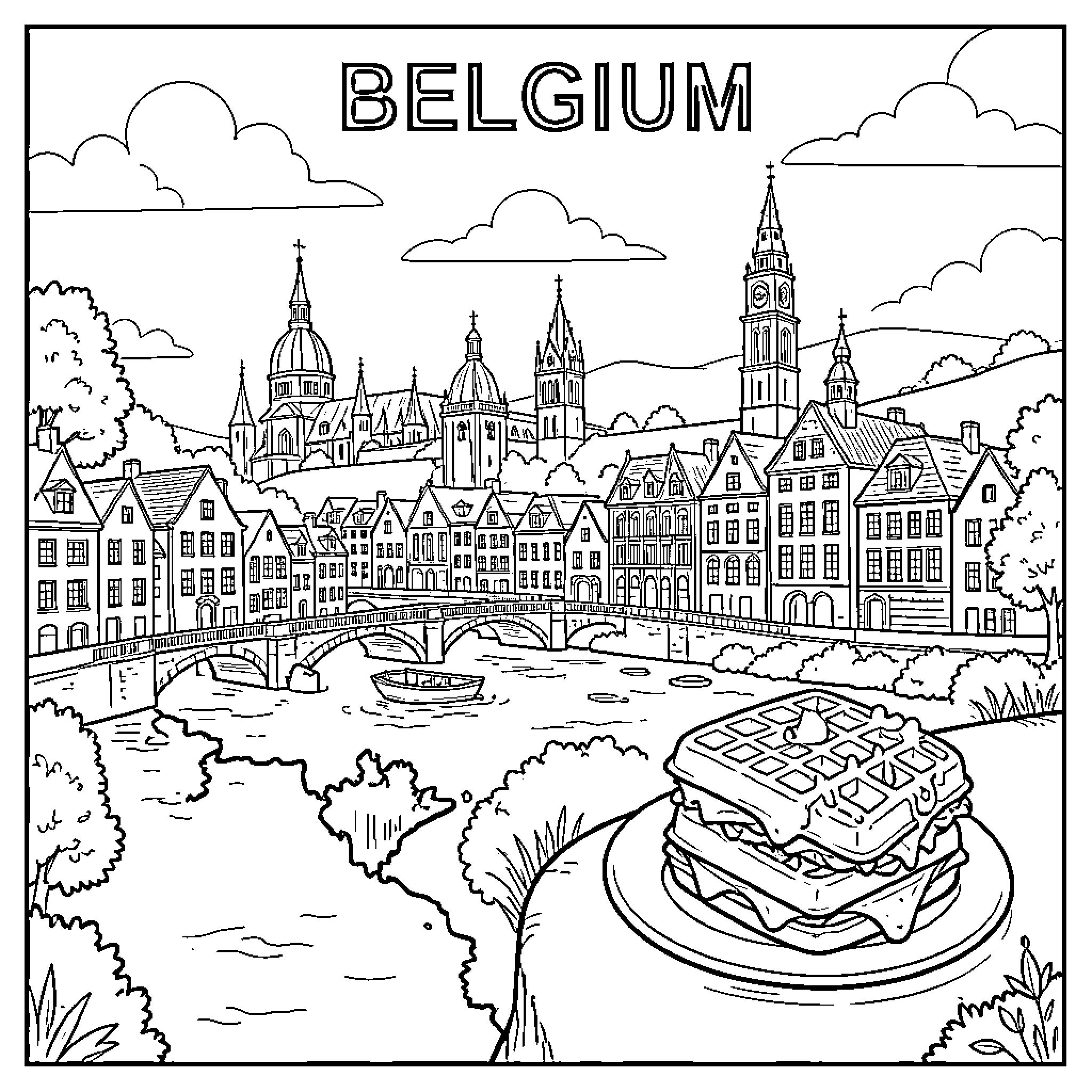 Belgium cityscape with historic architecture and waffles Coloring Page (free black-and-white line drawing printable PDF for all, from beginners to advanced learners, including children, teens, adults, and seniors)