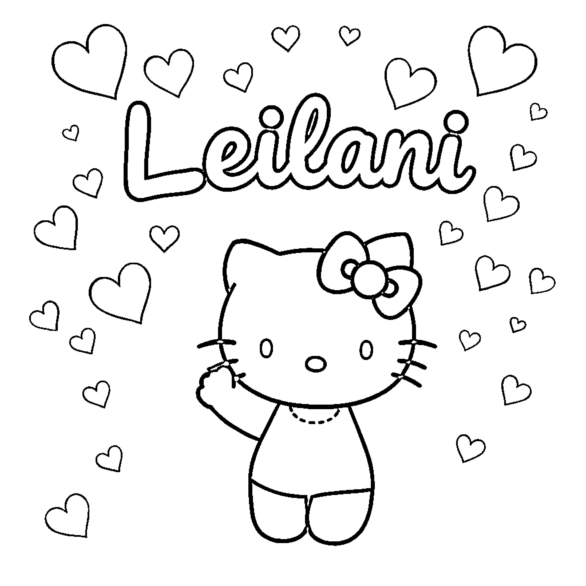 Hello Kitty surrounded by hearts Coloring Page (free black-and-white line drawing printable PDF for all, from beginners to advanced learners, including children, teens, adults, and seniors)