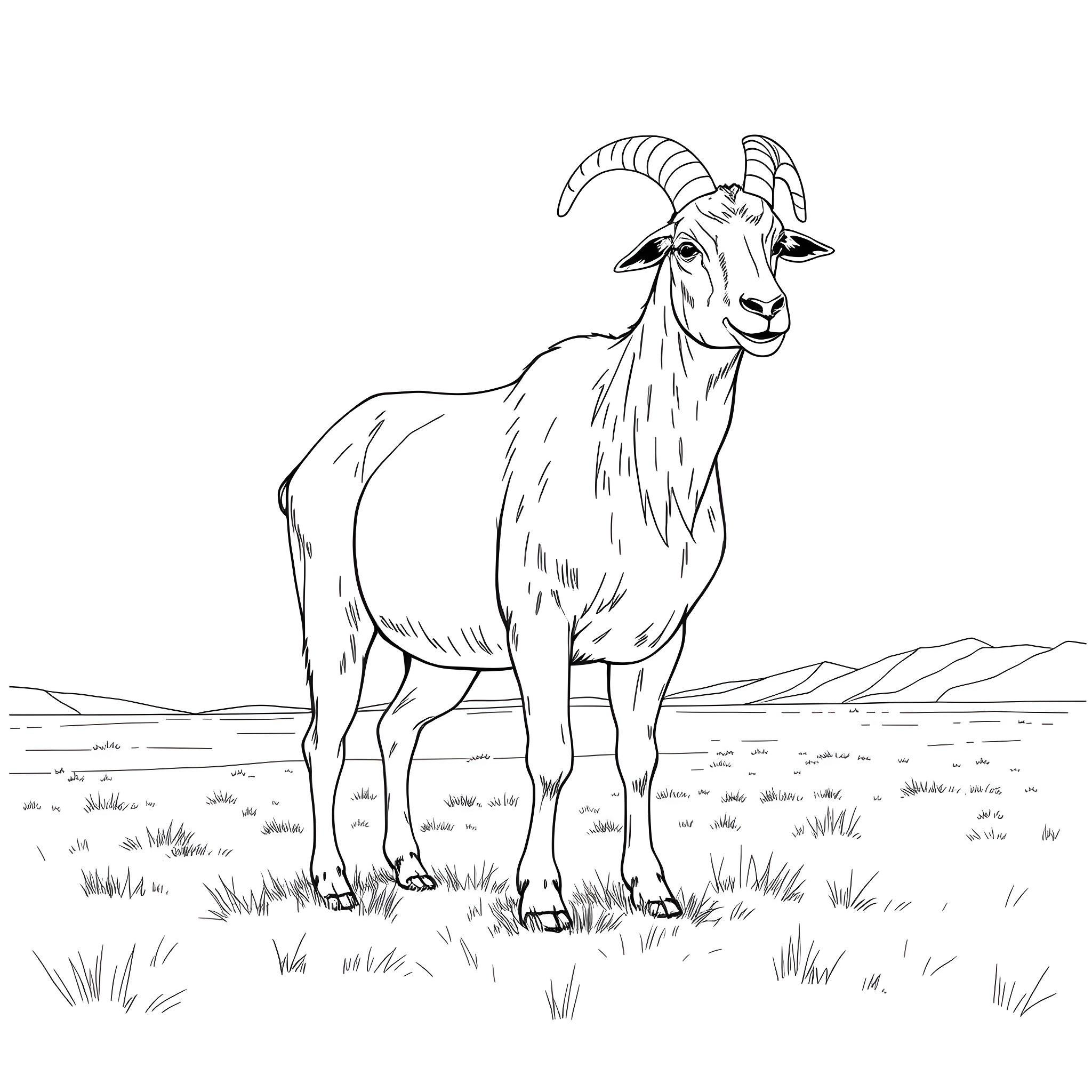 Goat standing proudly in the countryside Coloring Page (free black-and-white line drawing printable PDF for all, from beginners to advanced learners, including children, teens, adults, and seniors)
