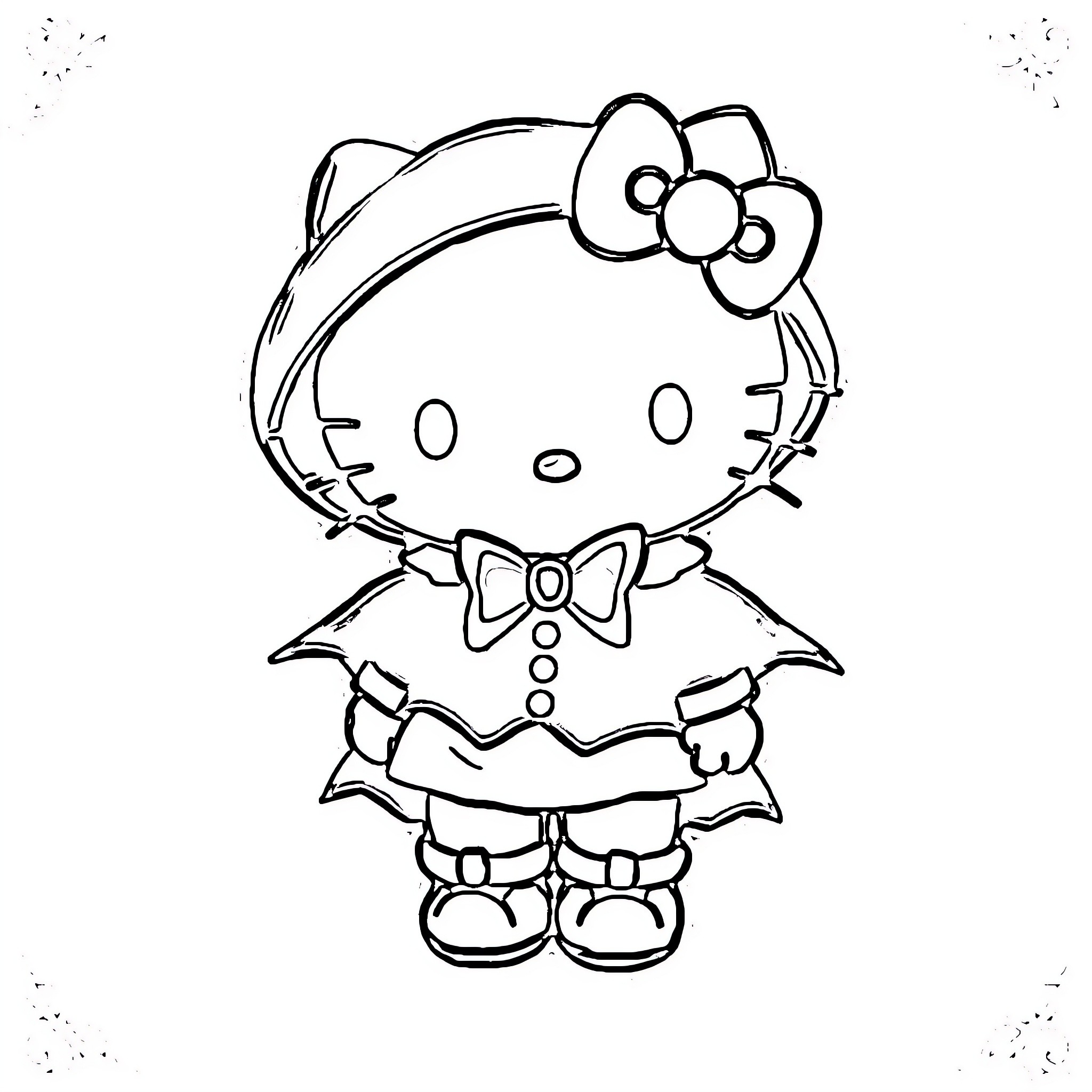 Hello Kitty dressed as a gingerbread figure Coloring Page (free black-and-white line drawing printable PDF for all, from beginners to advanced learners, including children, teens, adults, and seniors)