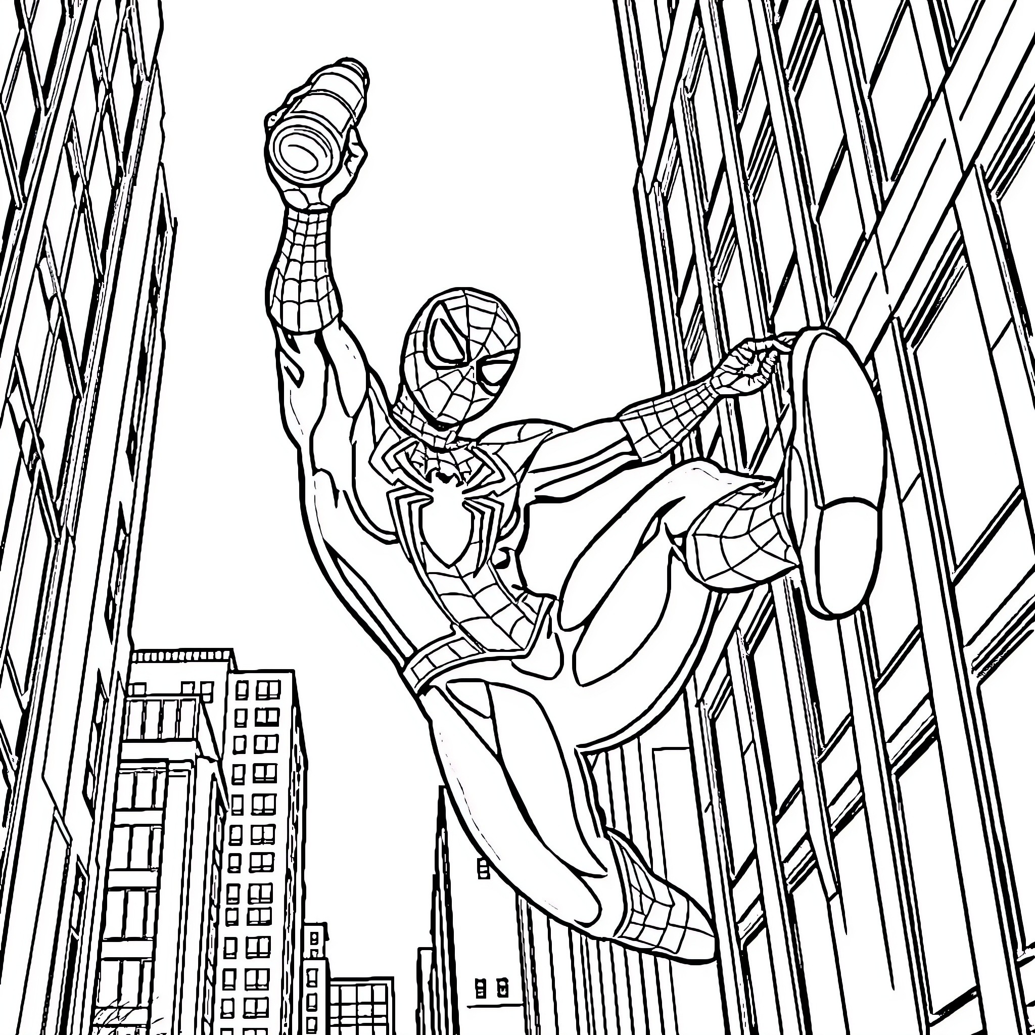 Spider-Man swinging high above the city skyline Coloring Page (free black-and-white line drawing printable PDF for all, from beginners to advanced learners, including children, teens, adults, and seniors)
