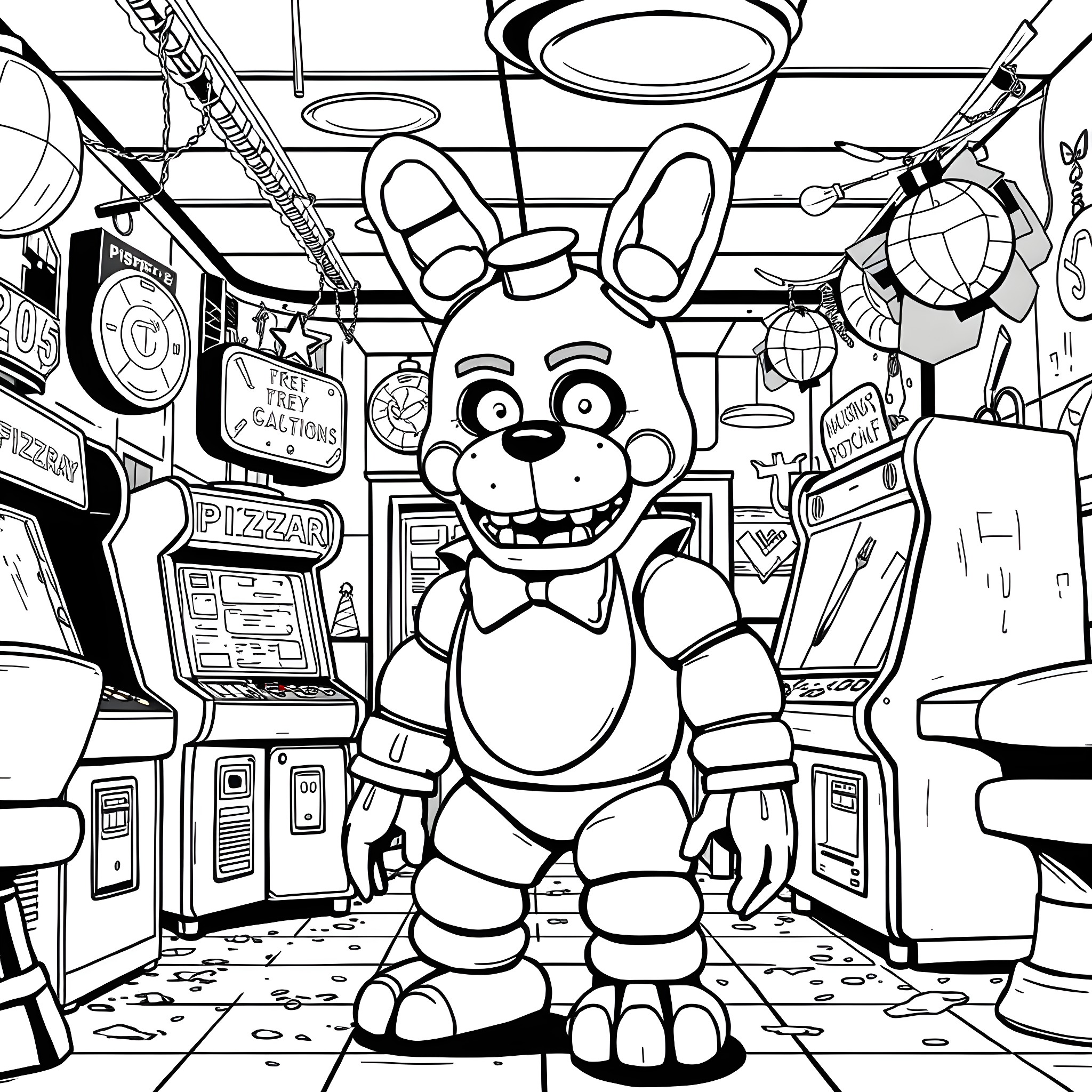 Freddy Fazbear in the Arcade: A Whimsical Scene Coloring Page (free black-and-white line drawing printable PDF for all, from beginners to advanced learners, including children, teens, adults, and seniors)