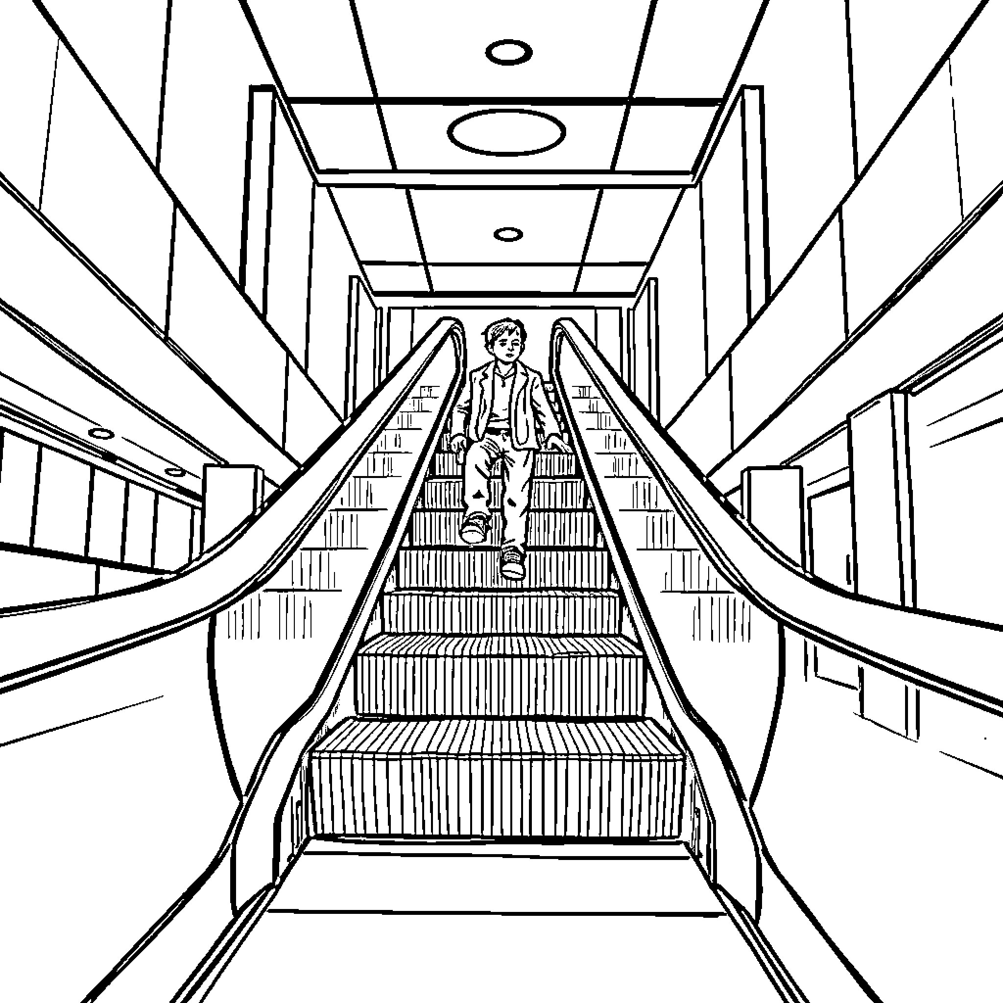 Escalator leading to a figure in the distance Coloring Page (free black-and-white line drawing printable PDF for all, from beginners to advanced learners, including children, teens, adults, and seniors)