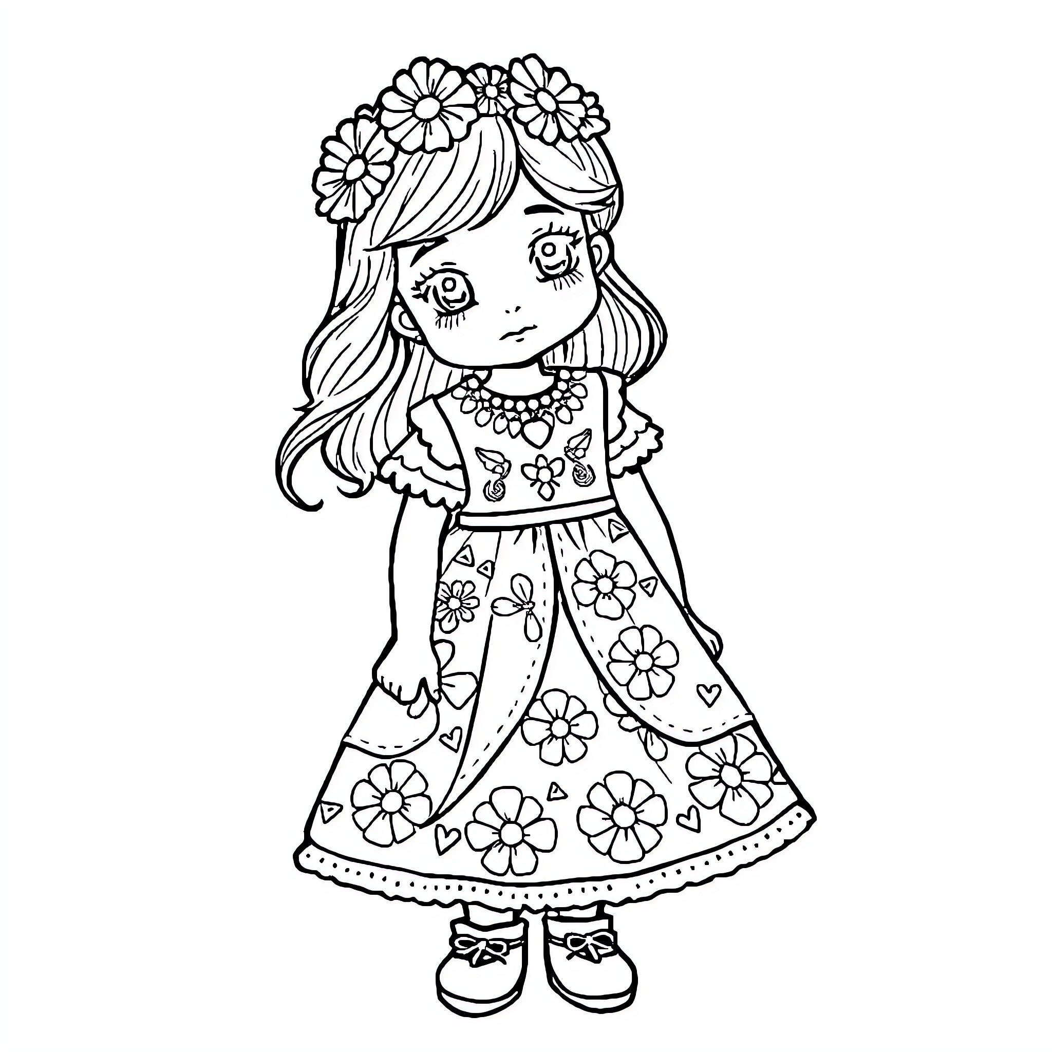 Girl Dress in Floral Pattern Coloring Page (free black-and-white line drawing printable PDF for all, from beginners to advanced learners, including children, teens, adults, and seniors)