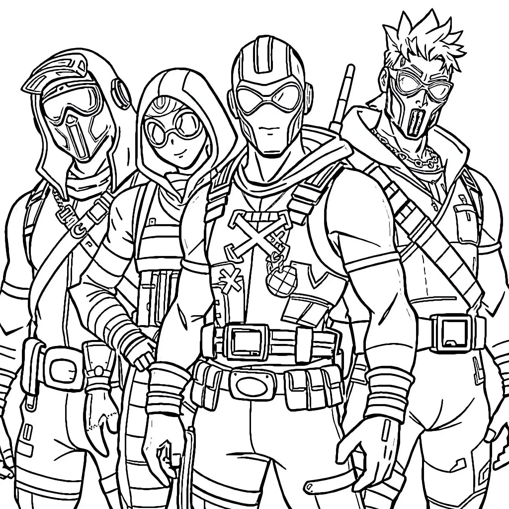 Fortnite Skin Characters in Action Poses Coloring Page (free black-and-white line drawing printable PDF for all, from beginners to advanced learners, including children, teens, adults, and seniors)