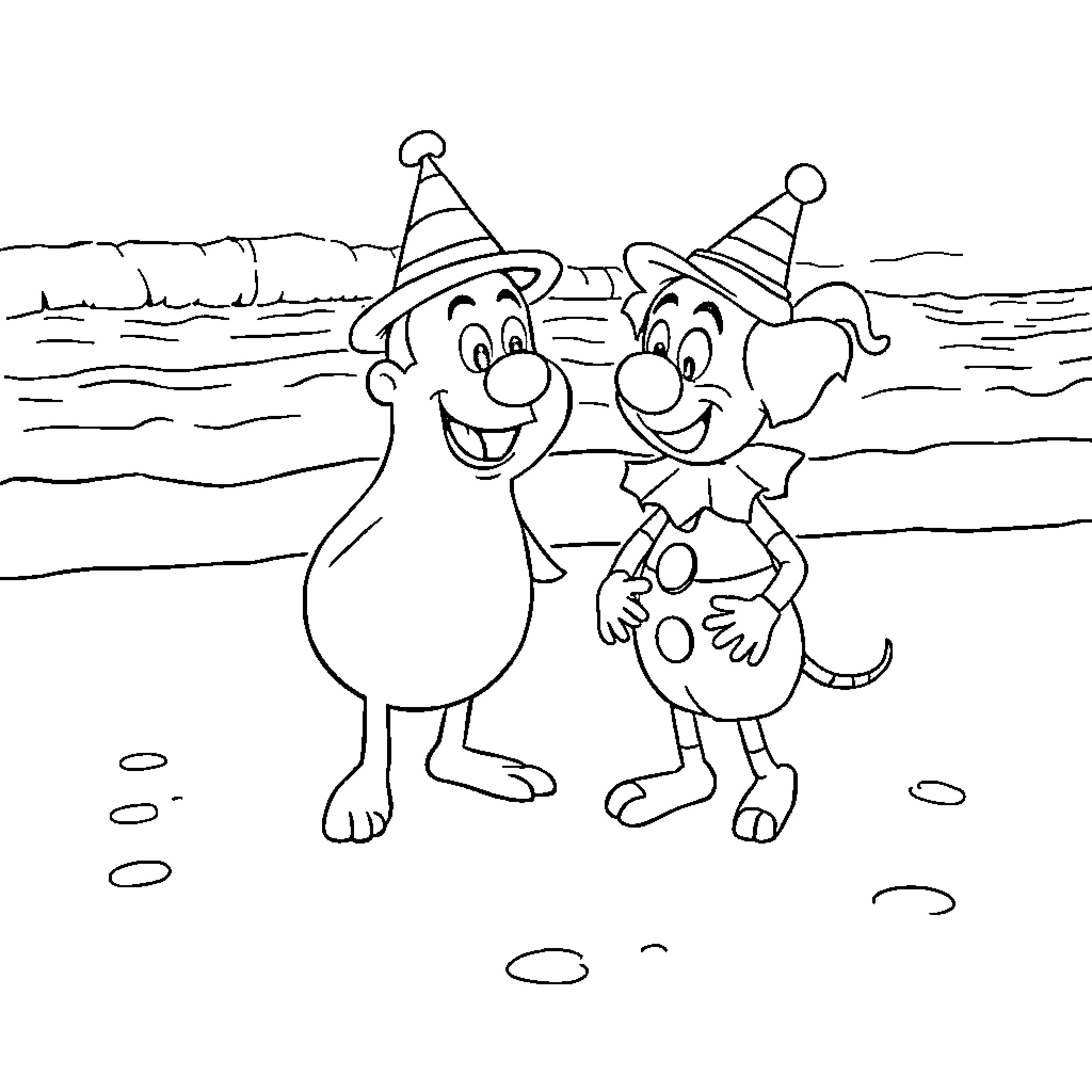 Pepa Puig and Friend Celebrate at the Beach Coloring Page (free black-and-white line drawing printable PDF for all, from beginners to advanced learners, including children, teens, adults, and seniors)