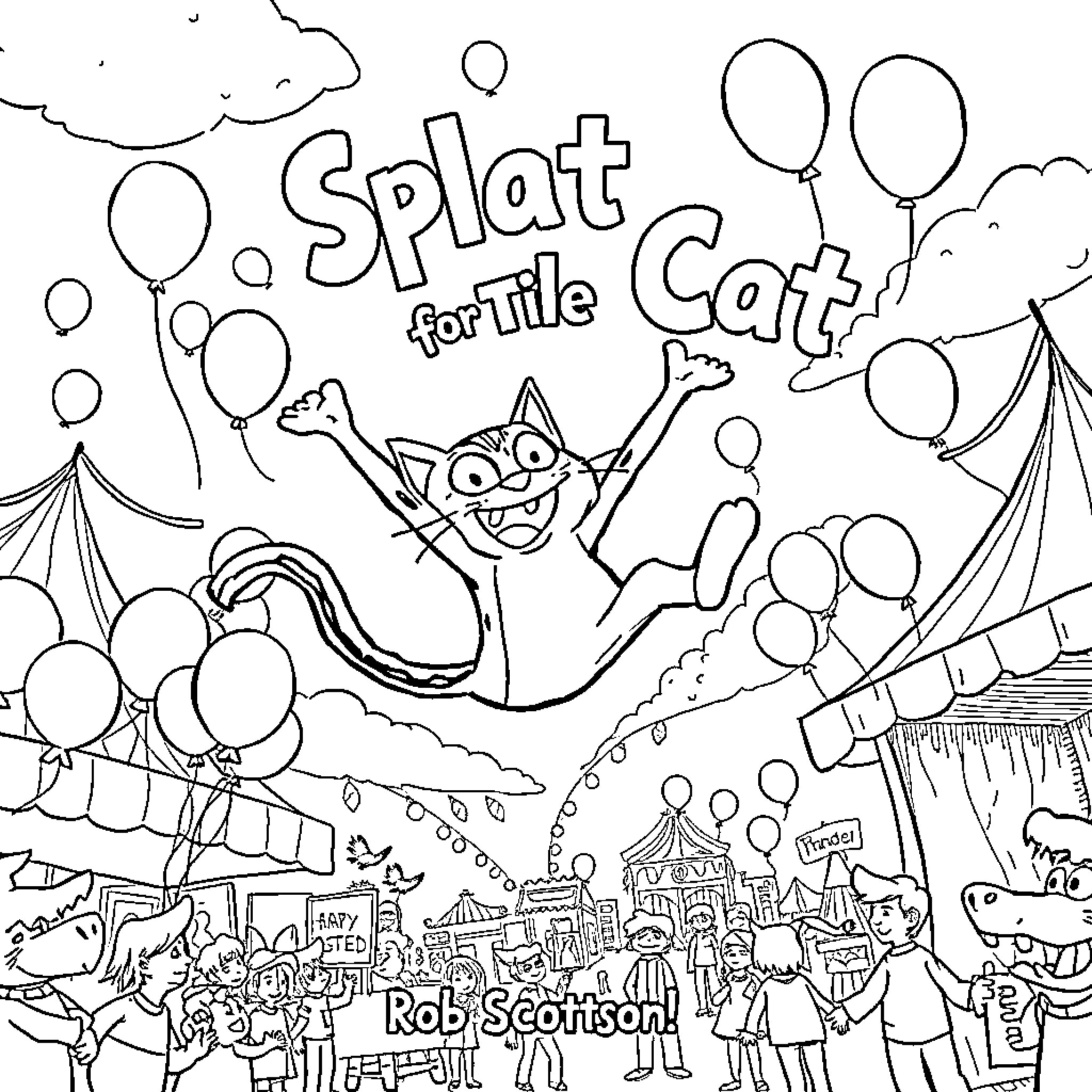 Splat for the Cat Party in the Carnival Coloring Page (free black-and-white line drawing printable PDF for all, from beginners to advanced learners, including children, teens, adults, and seniors)
