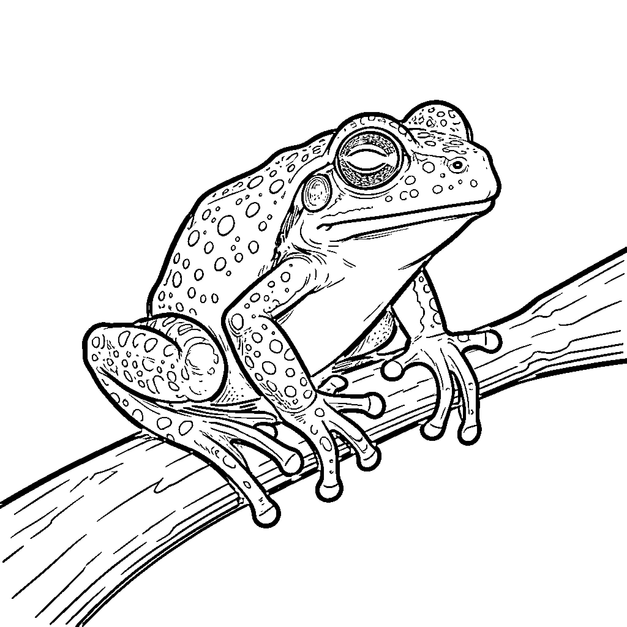 Tree Frog resting peacefully on a tree branch Coloring Page (free black-and-white line drawing printable PDF for all, from beginners to advanced learners, including children, teens, adults, and seniors)