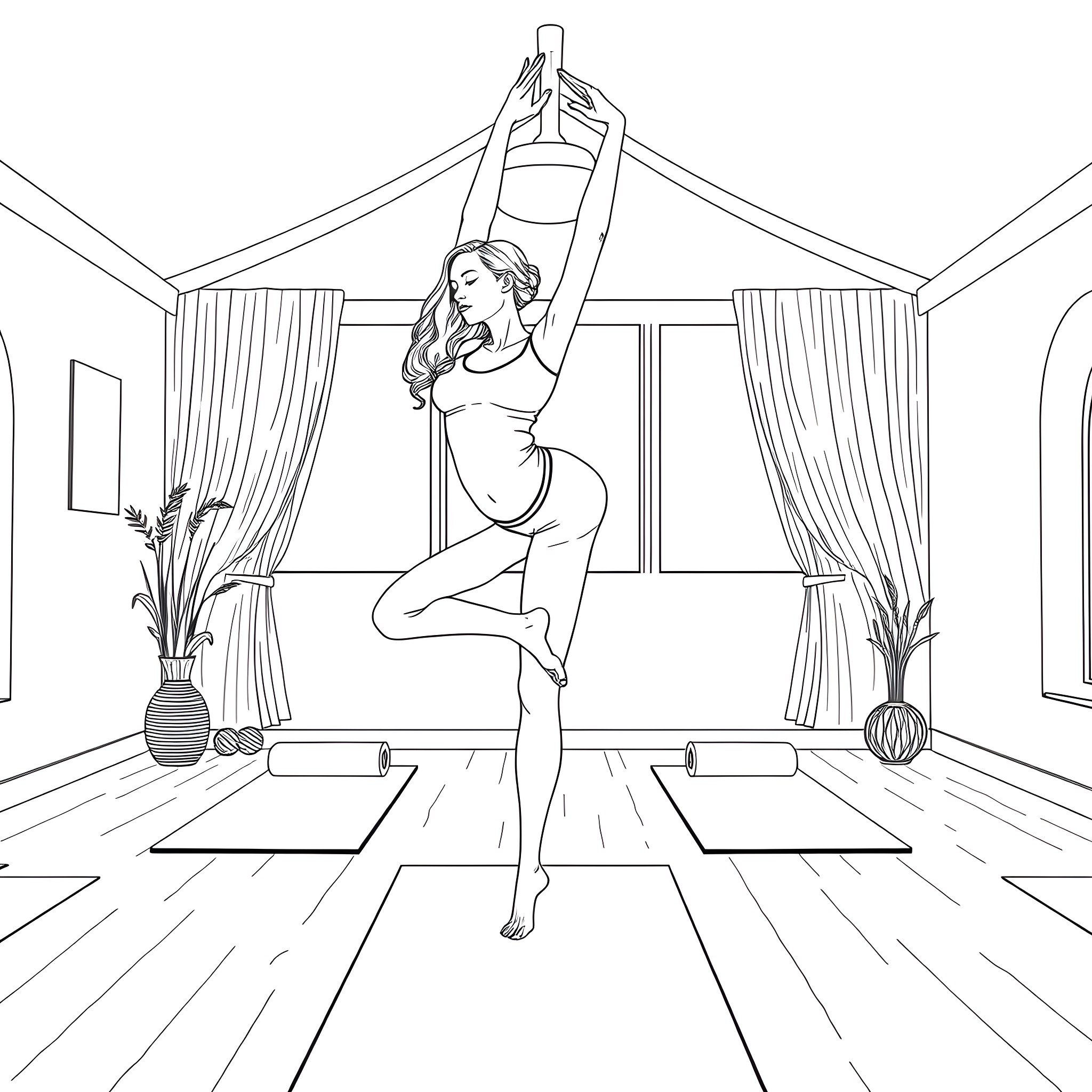 Woman practicing yoga pose in bedroom Coloring Page (free black-and-white line drawing printable PDF for all, from beginners to advanced learners, including children, teens, adults, and seniors)