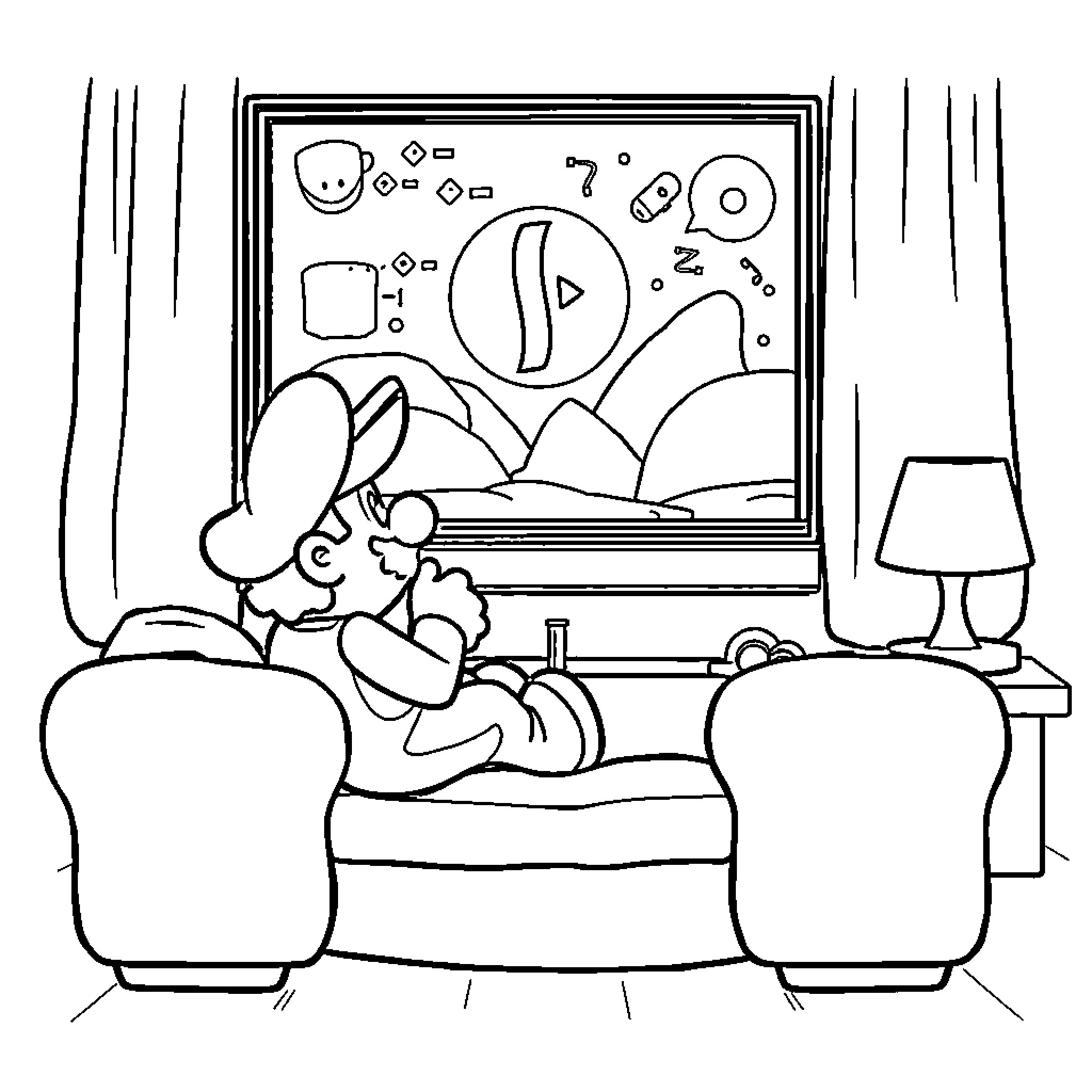 Mario relaxing and enjoying artwork in living room Coloring Page (free black-and-white line drawing printable PDF for all, from beginners to advanced learners, including children, teens, adults, and seniors)