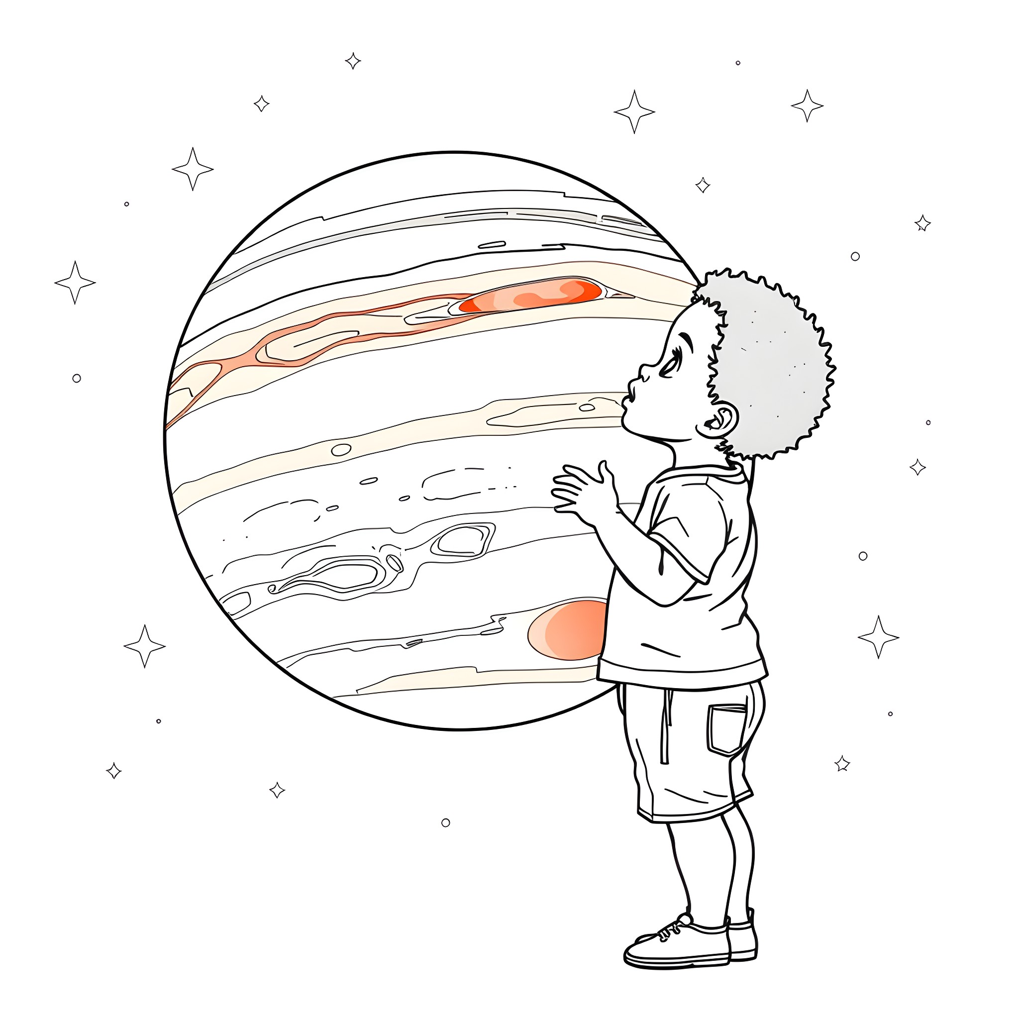 Girl Gazing at the Celestial Planet Coloring Page (free black-and-white line drawing printable PDF for all, from beginners to advanced learners, including children, teens, adults, and seniors)