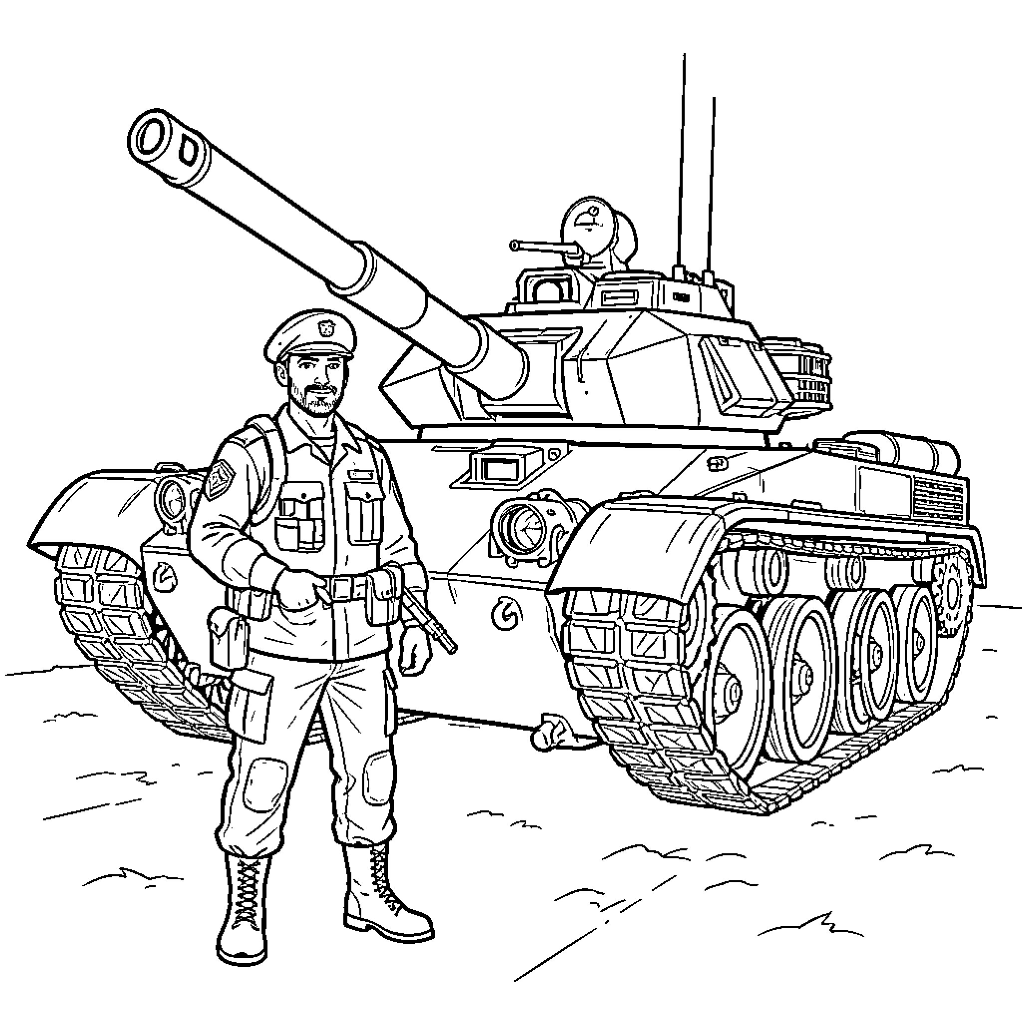 Militaire standing confidently in front of a battle tank Coloring Page (free black-and-white line drawing printable PDF for all, from beginners to advanced learners, including children, teens, adults, and seniors)