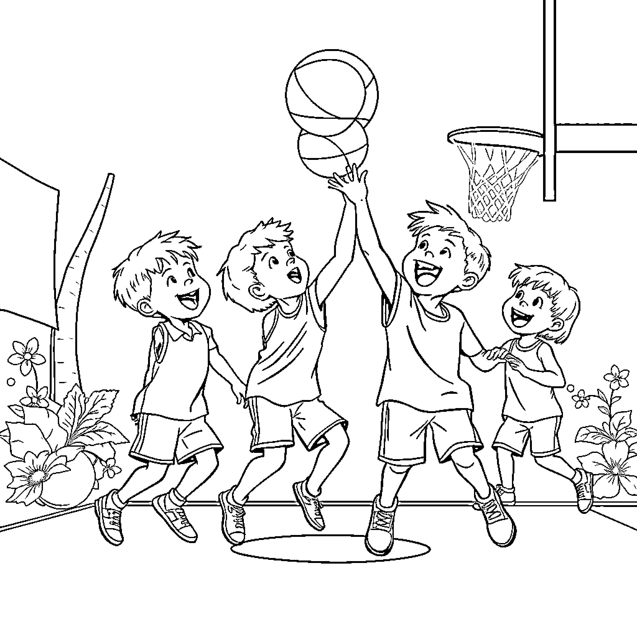 Tralalero friends playing basketball together happily Coloring Page (free black-and-white line drawing printable PDF for all, from beginners to advanced learners, including children, teens, adults, and seniors)