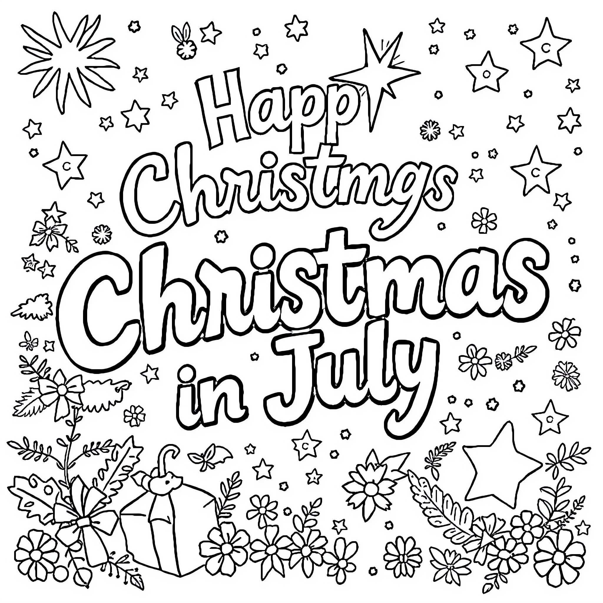 Christmas Cheer and Festive Decorations Coloring Page (free black-and-white line drawing printable PDF for all, from beginners to advanced learners, including children, teens, adults, and seniors)