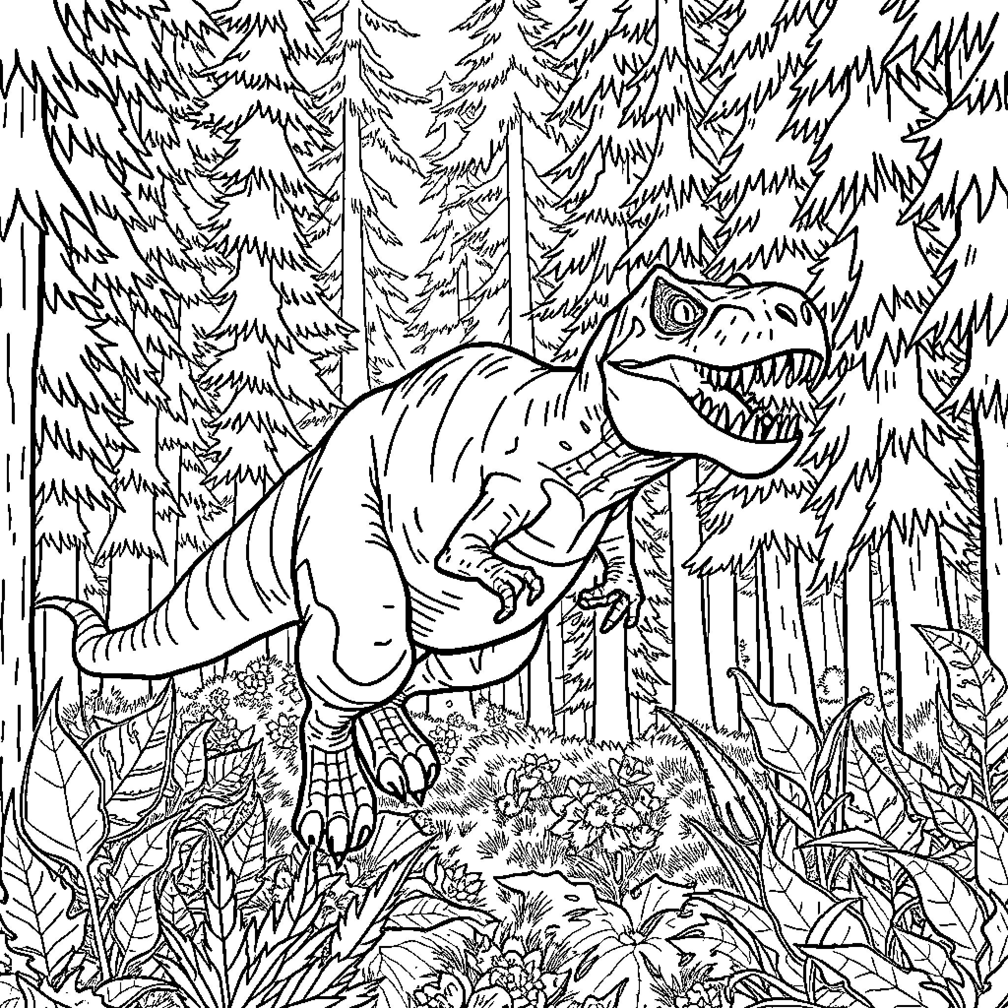 T-Rex roaring in the dense forest Coloring Page (free black-and-white line drawing printable PDF for all, from beginners to advanced learners, including children, teens, adults, and seniors)