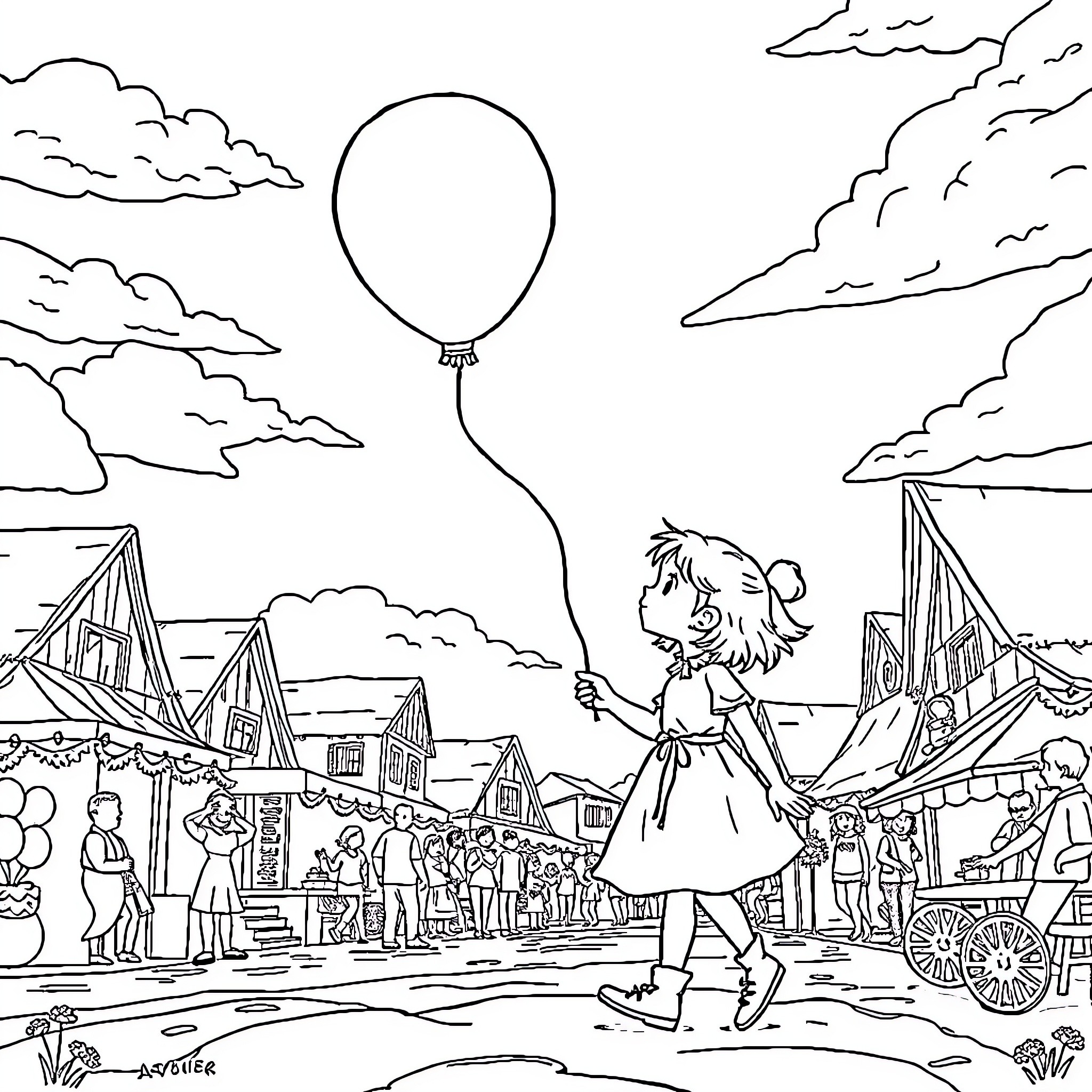 Fille enjoying a balloon at the carnival Coloring Page (free black-and-white line drawing printable PDF for all, from beginners to advanced learners, including children, teens, adults, and seniors)