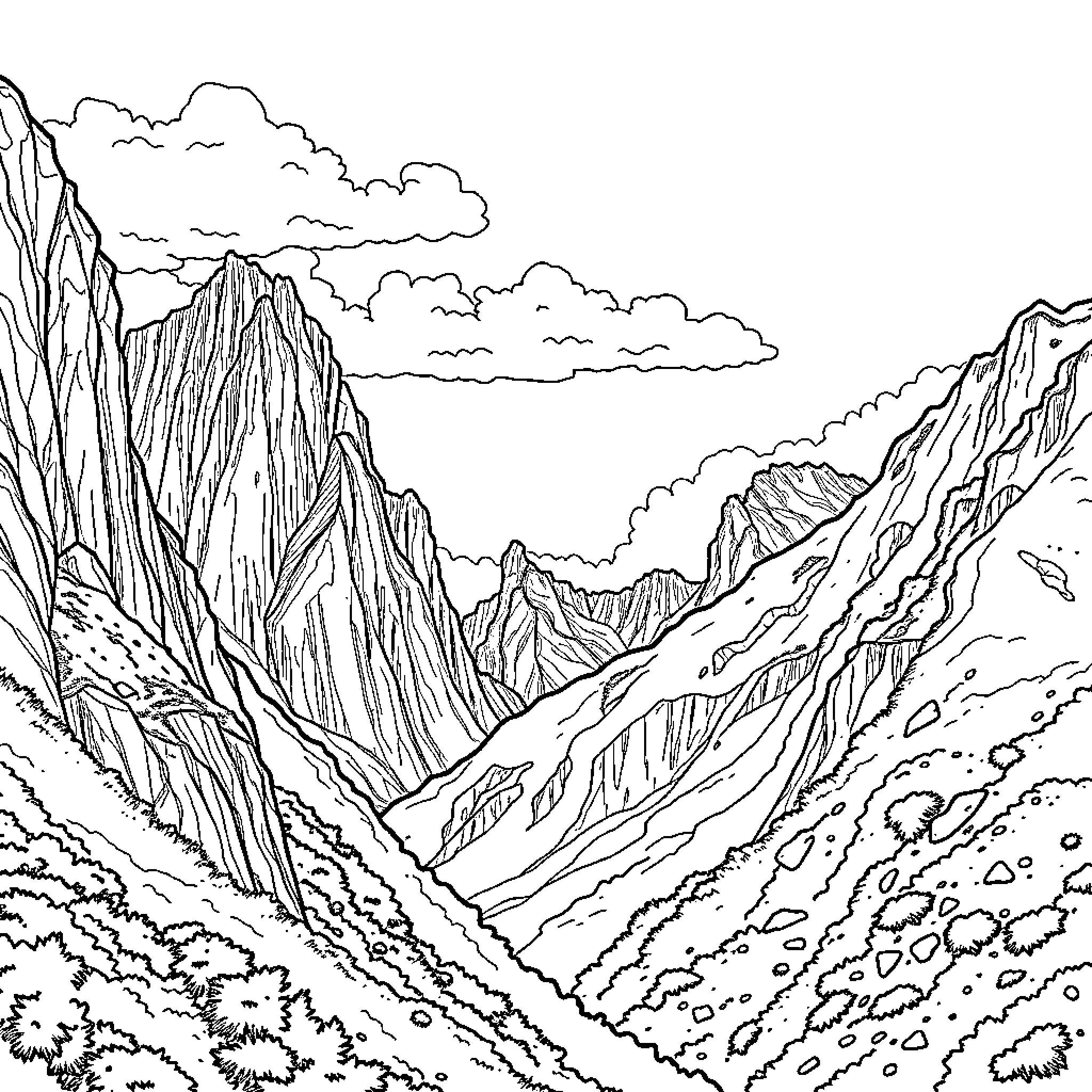 Mountain Landscape with Rugged Peaks and Cloudy Sky Coloring Page (free black-and-white line drawing printable PDF for all, from beginners to advanced learners, including children, teens, adults, and seniors)