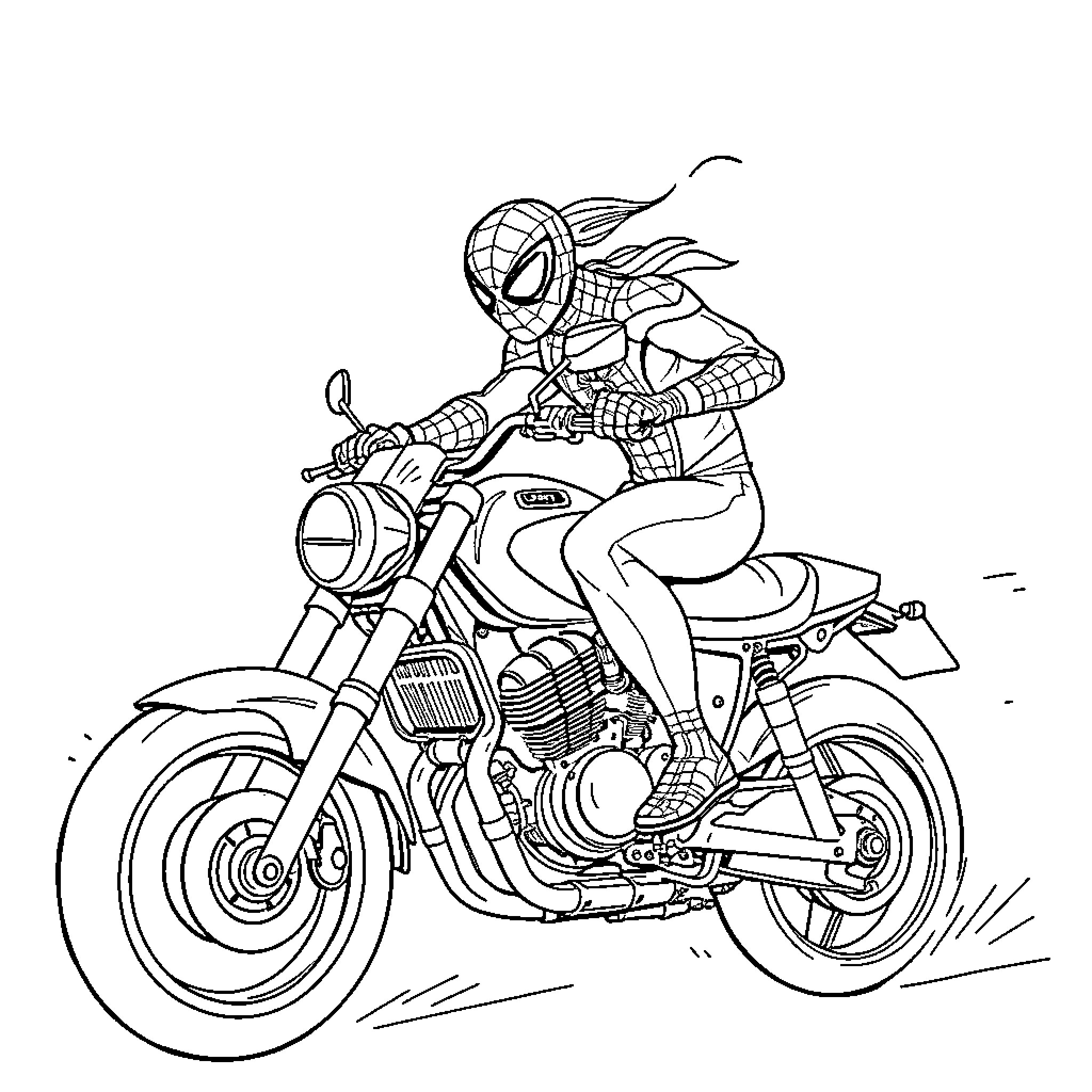 Spidey riding motorcycle with agility Coloring Page (free black-and-white line drawing printable PDF for all, from beginners to advanced learners, including children, teens, adults, and seniors)