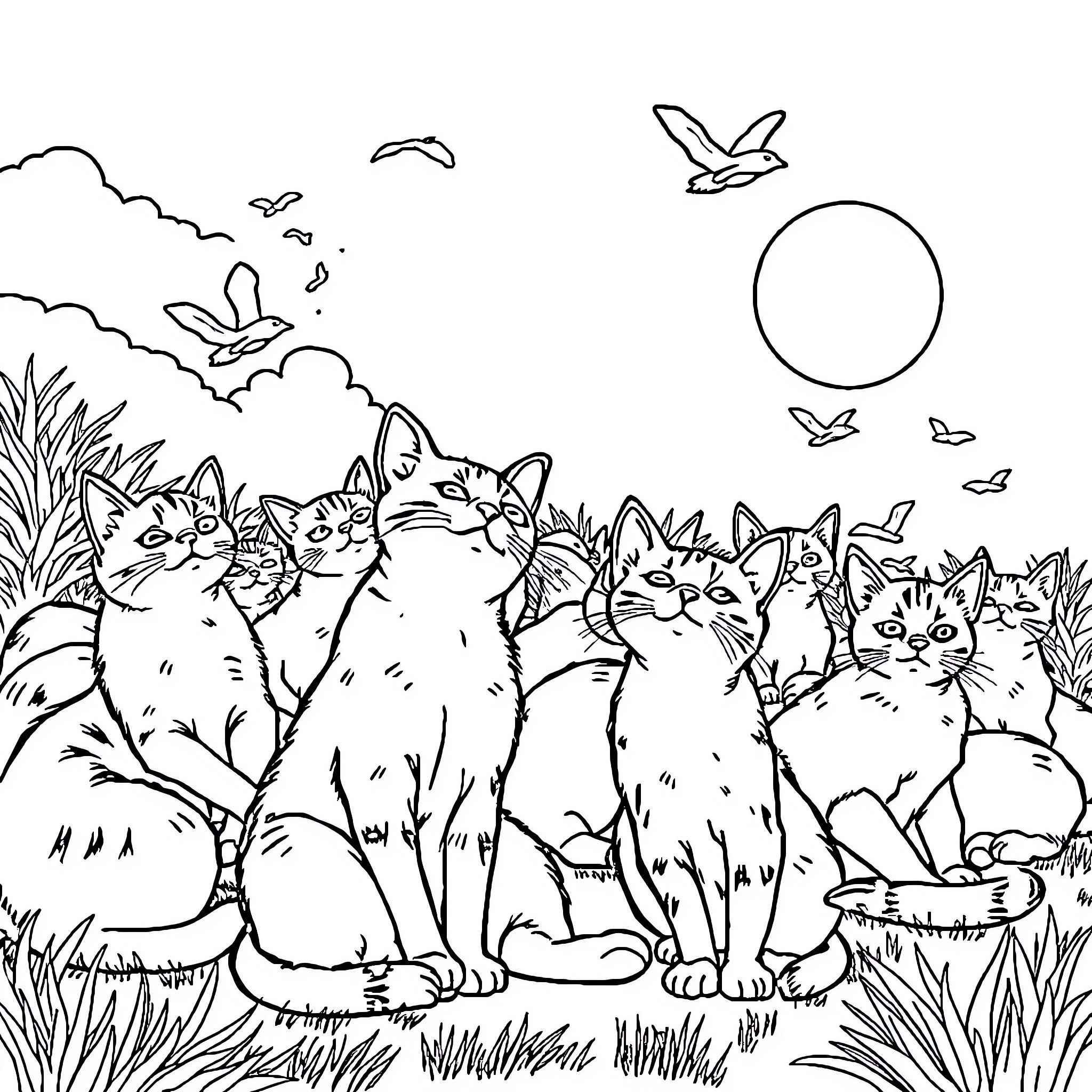 Cats Enjoying the Outdoor Scenery Coloring Page (free black-and-white line drawing printable PDF for all, from beginners to advanced learners, including children, teens, adults, and seniors)