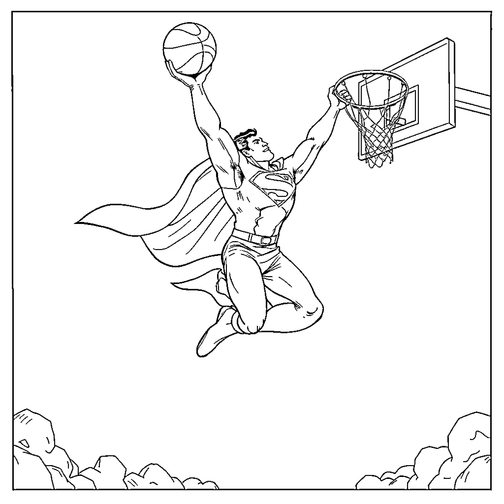 Superman performing a basketball dunk Coloring Page (free black-and-white line drawing printable PDF for all, from beginners to advanced learners, including children, teens, adults, and seniors)